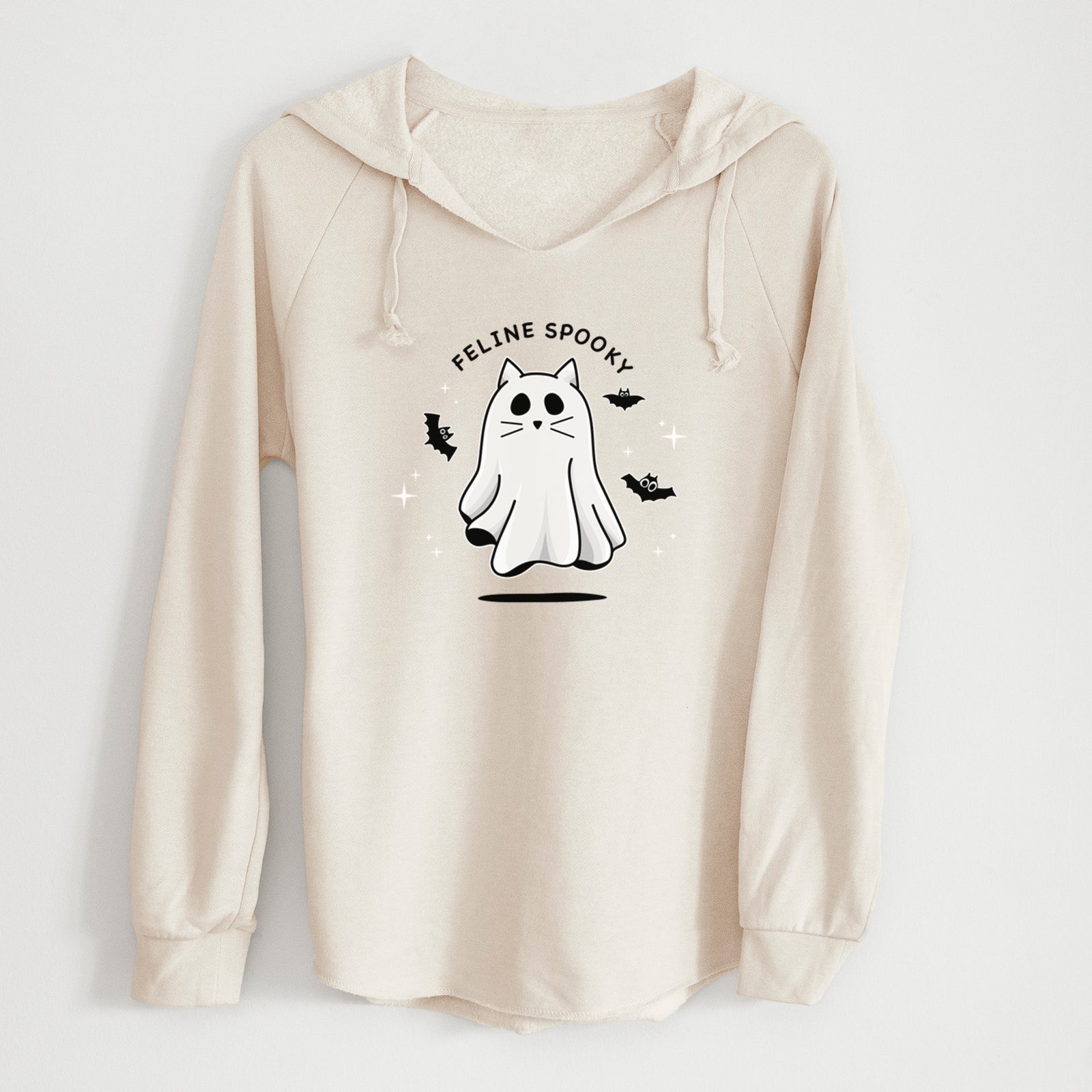 'Vibrant Feline Spooky' design on a Black Cali Wave Hooded Sweatshirt