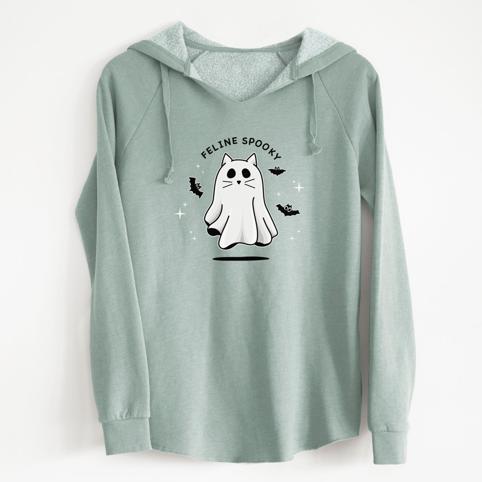 'Vibrant Feline Spooky' design on a Black Cali Wave Hooded Sweatshirt