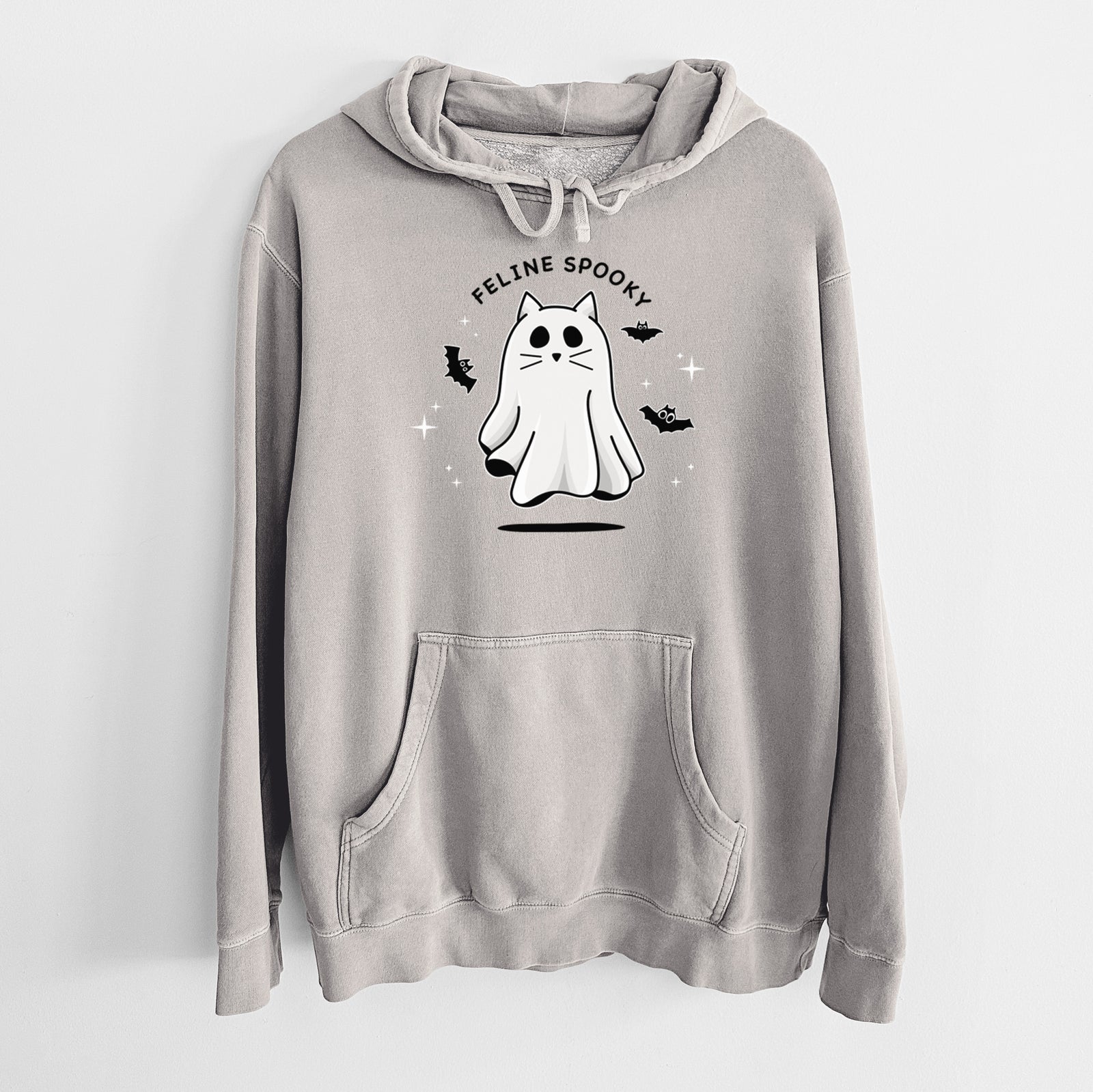 'Vibrant Feline Spooky' design on a Black Unisex pigment dyed hoodie
