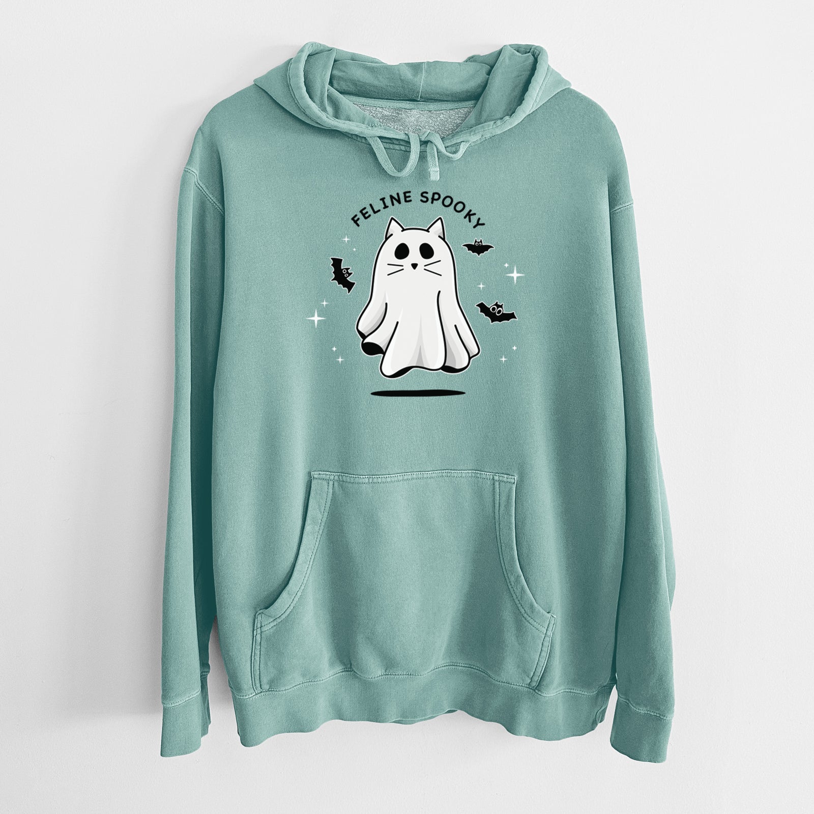 'Vibrant Feline Spooky' design on a Black Unisex pigment dyed hoodie