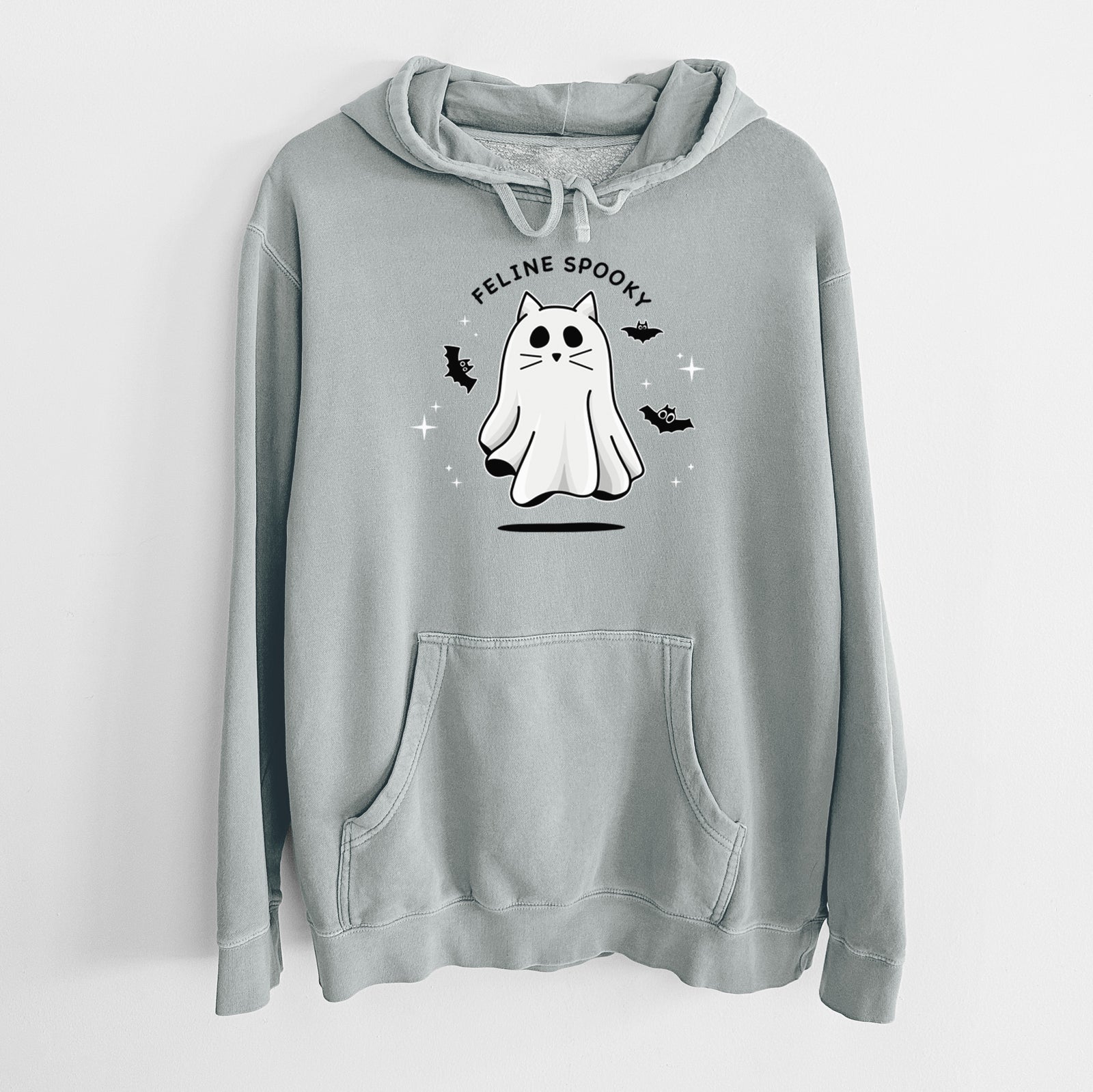'Vibrant Feline Spooky' design on a Black Unisex pigment dyed hoodie