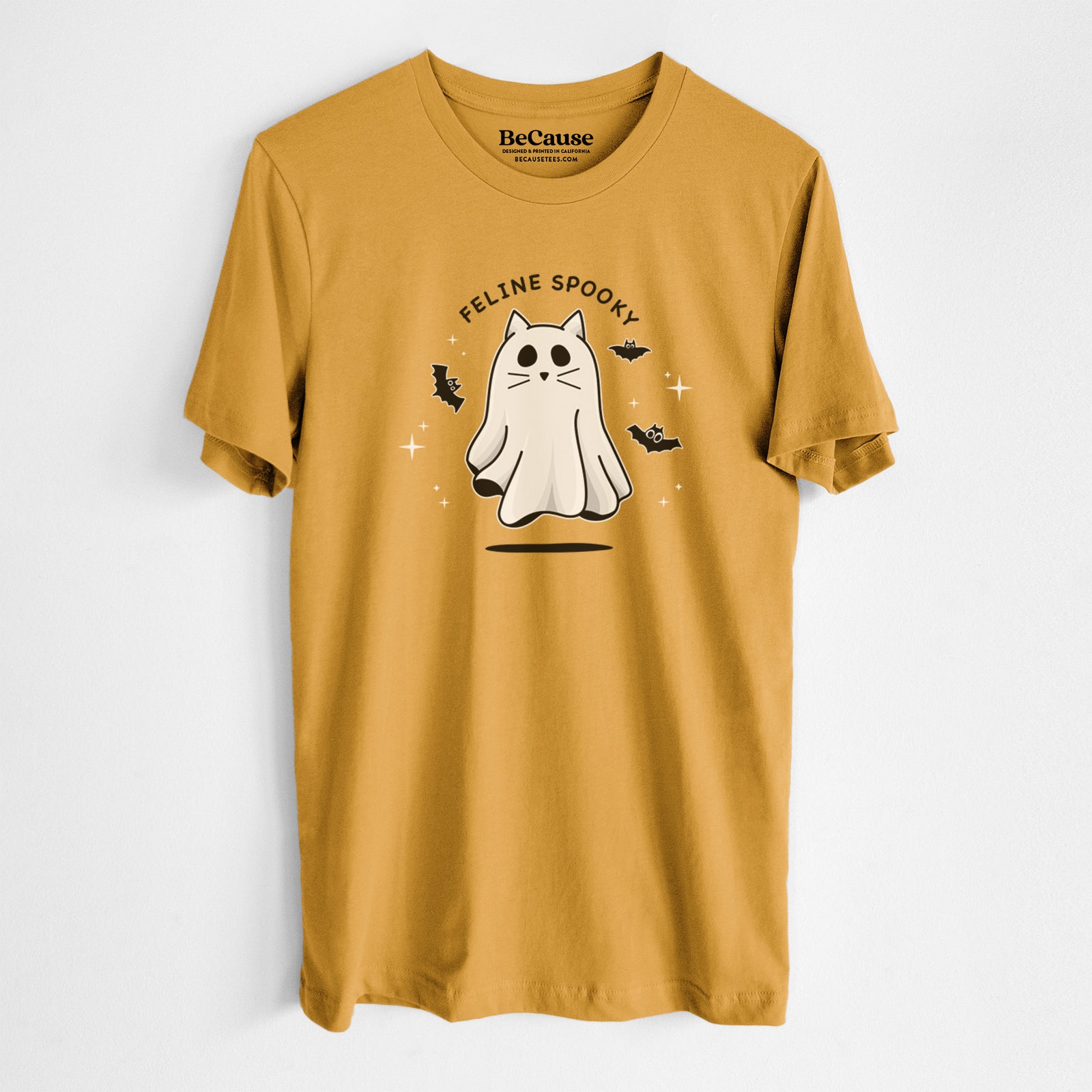 'Vibrant Feline Spooky' design on a Black Unisex crewneck, worn by a man