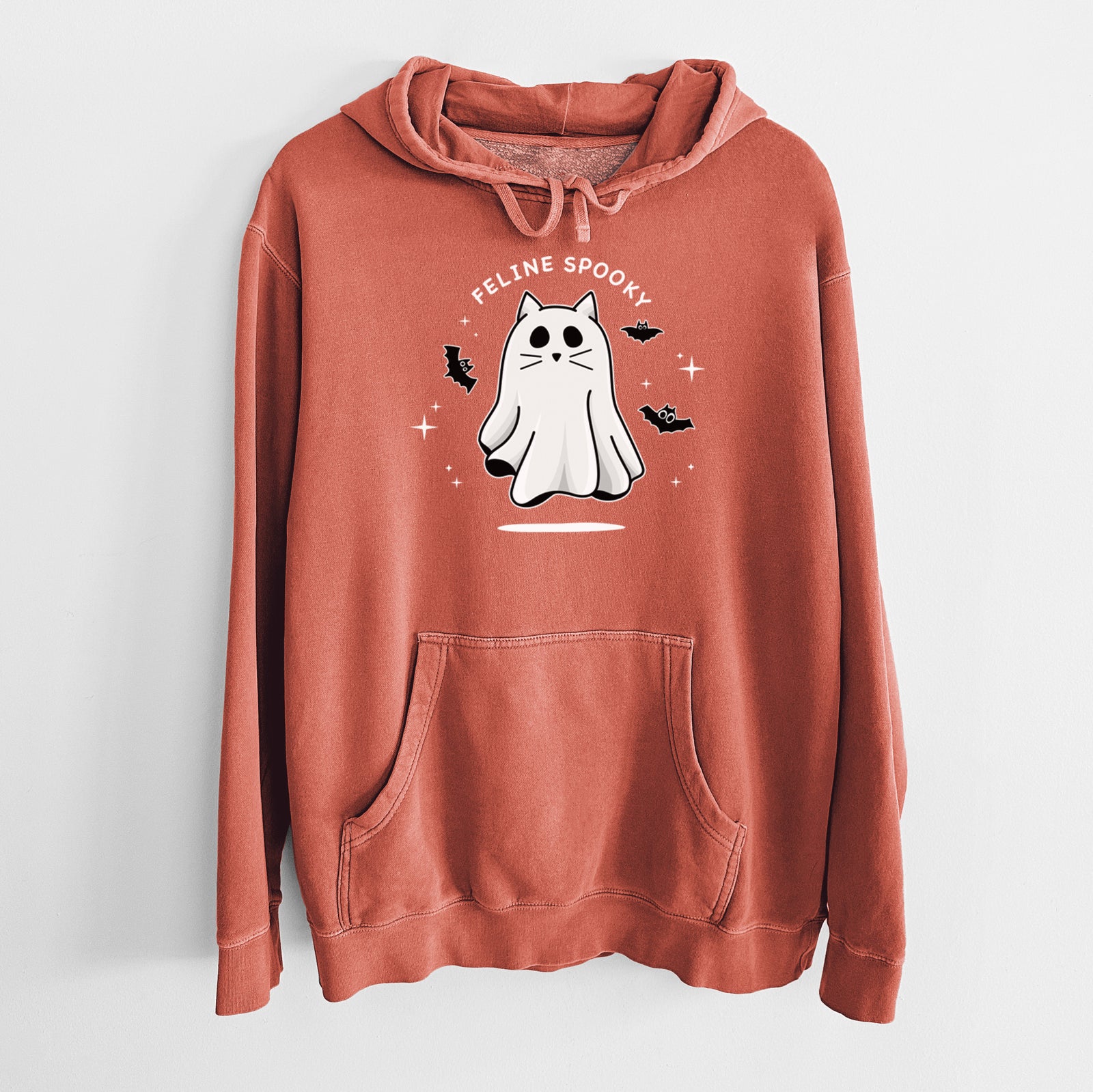 'Vibrant Feline Spooky' design on a White Unisex pigment dyed hoodie