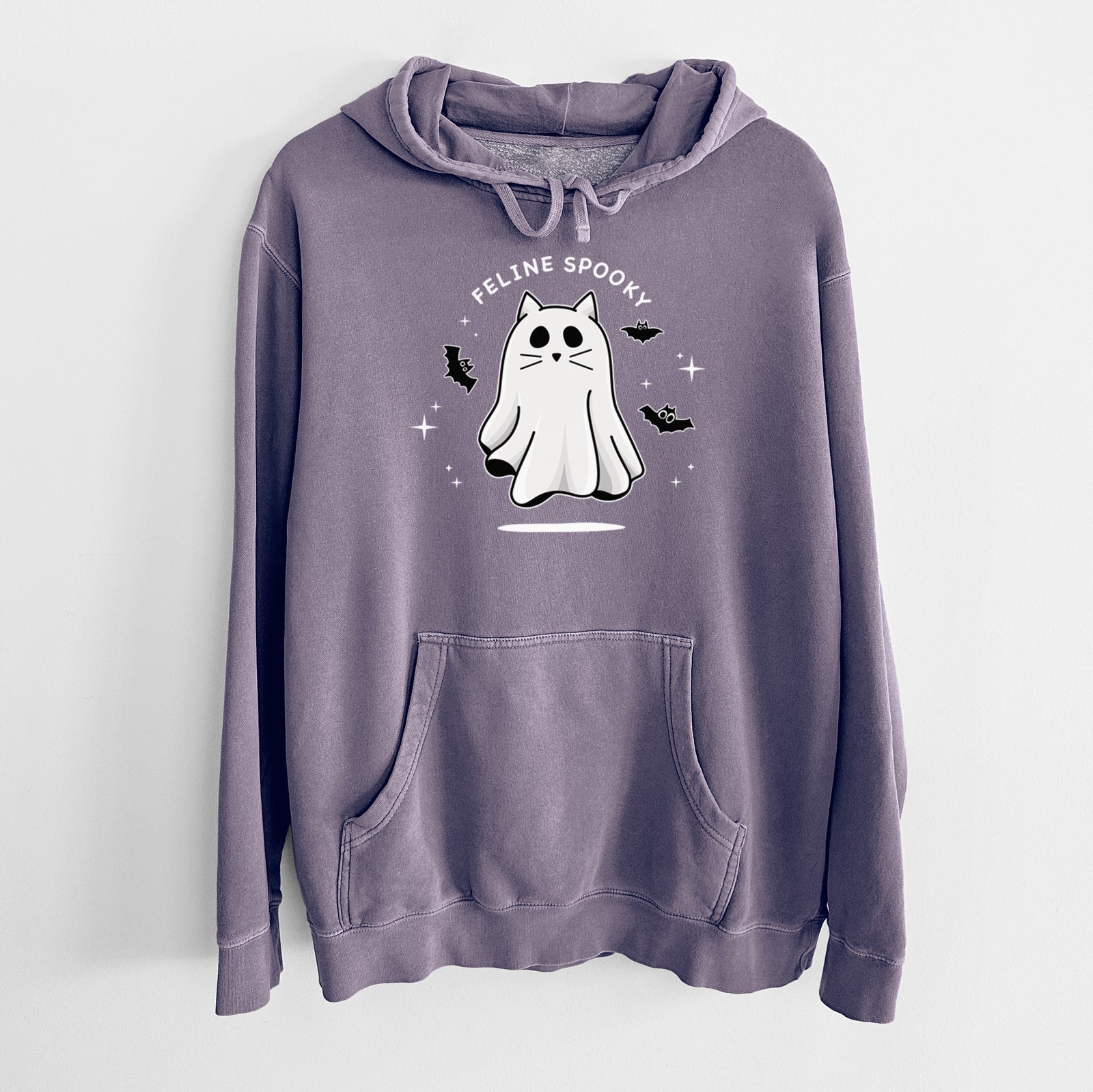 'Vibrant Feline Spooky' design on a White Unisex pigment dyed hoodie