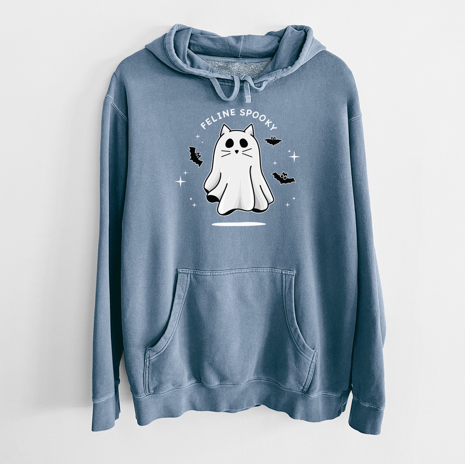 'Vibrant Feline Spooky' design on a White Unisex pigment dyed hoodie