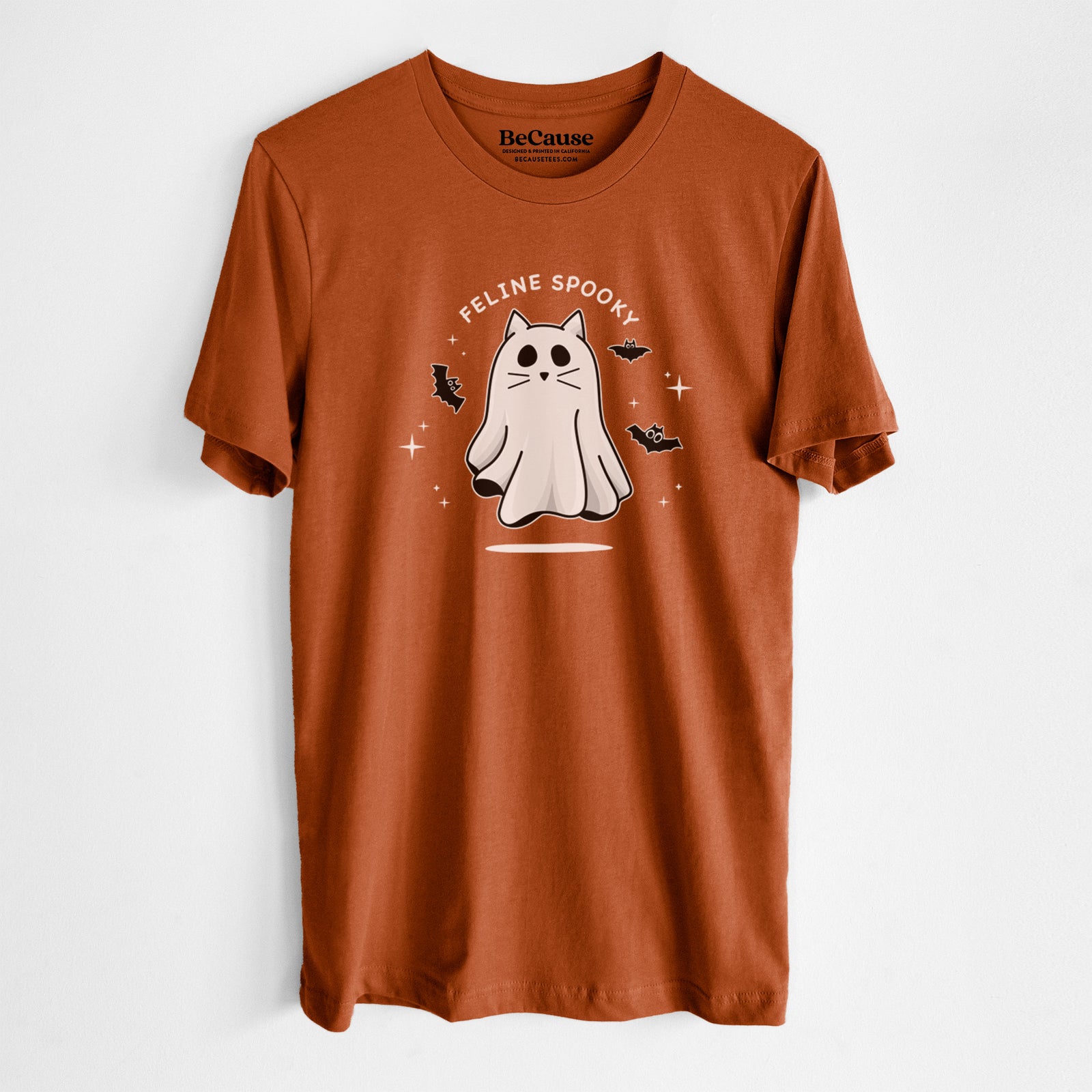 'Vibrant Feline Spooky' design on a White Unisex crewneck, worn by a man