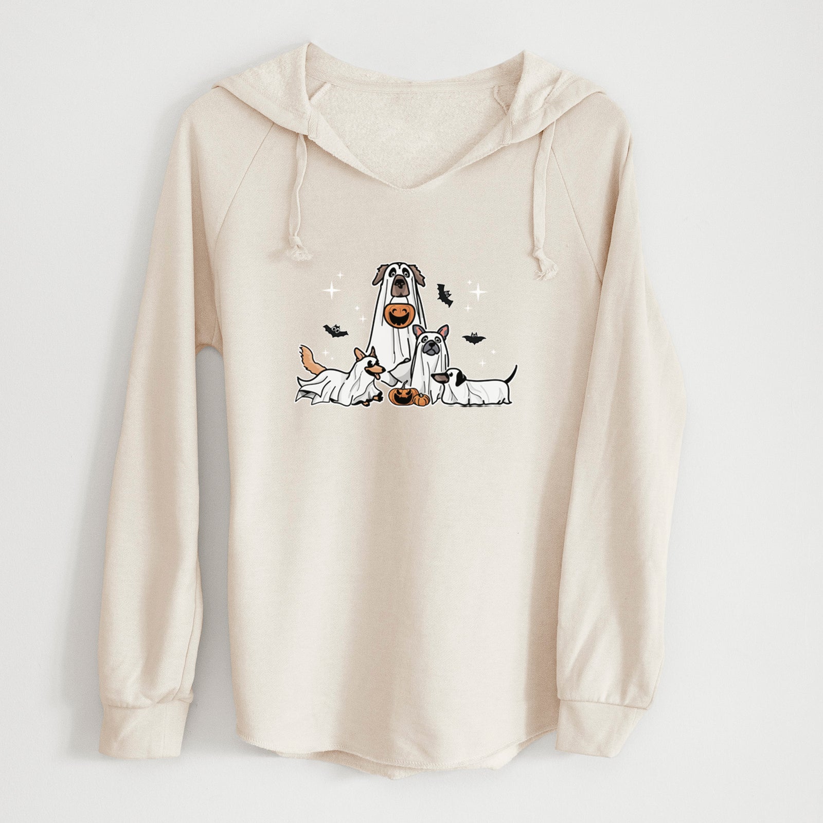 'Vibrant Ghost Pups' design on a Bone Cali Wave Hooded Sweatshirt