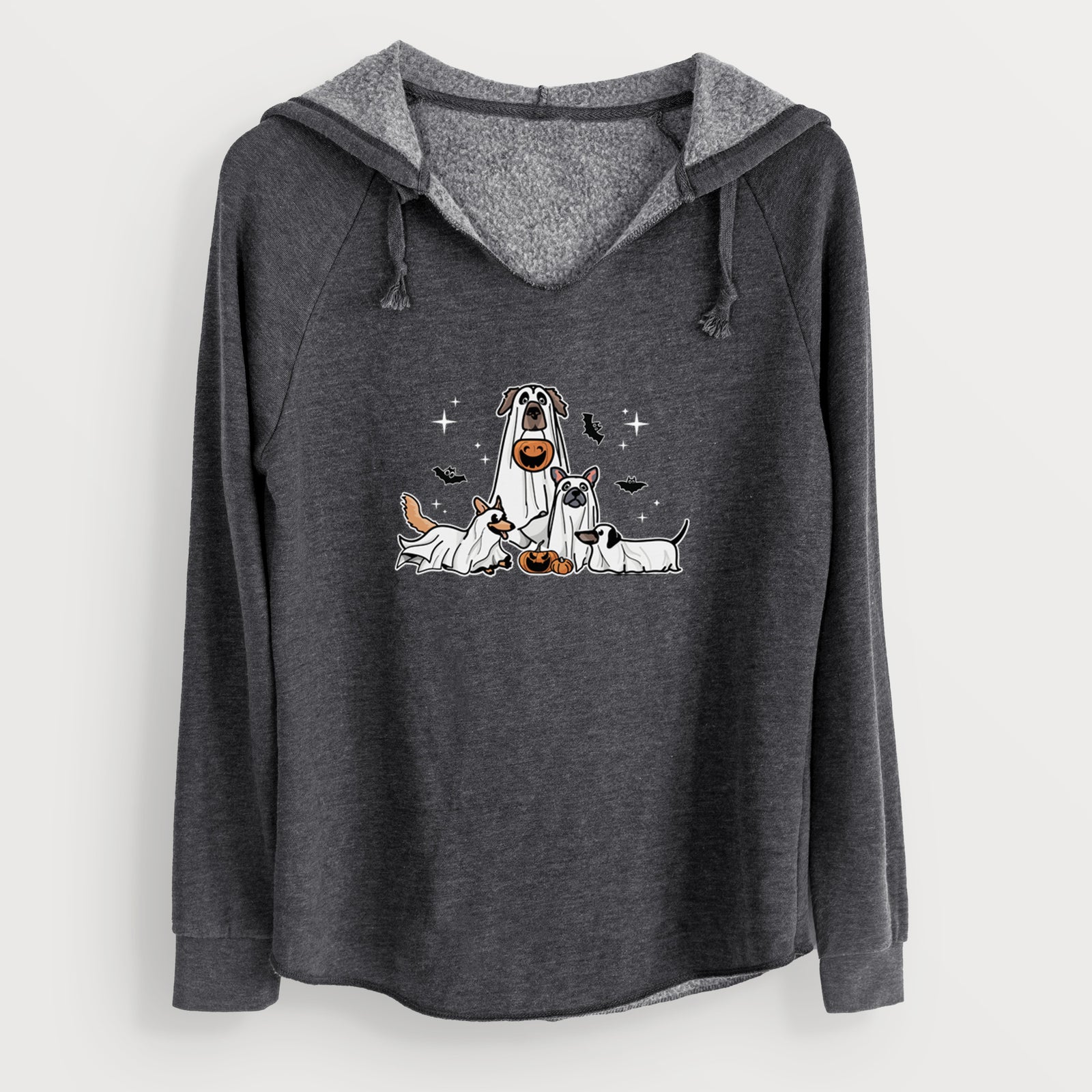 'Vibrant Ghost Pups' design on a Charcoal Grey Cali Wave Hooded Sweatshirt