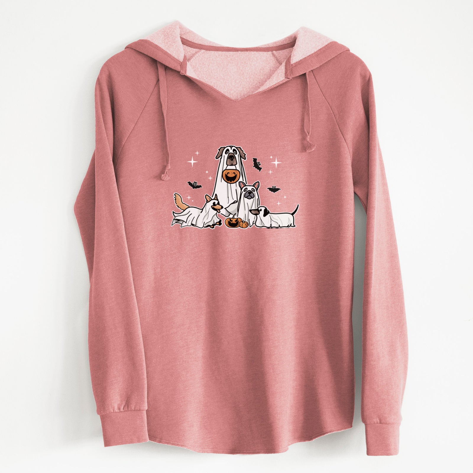 'Vibrant Ghost Pups' design on a Dusty Rose Cali Wave Hooded Sweatshirt