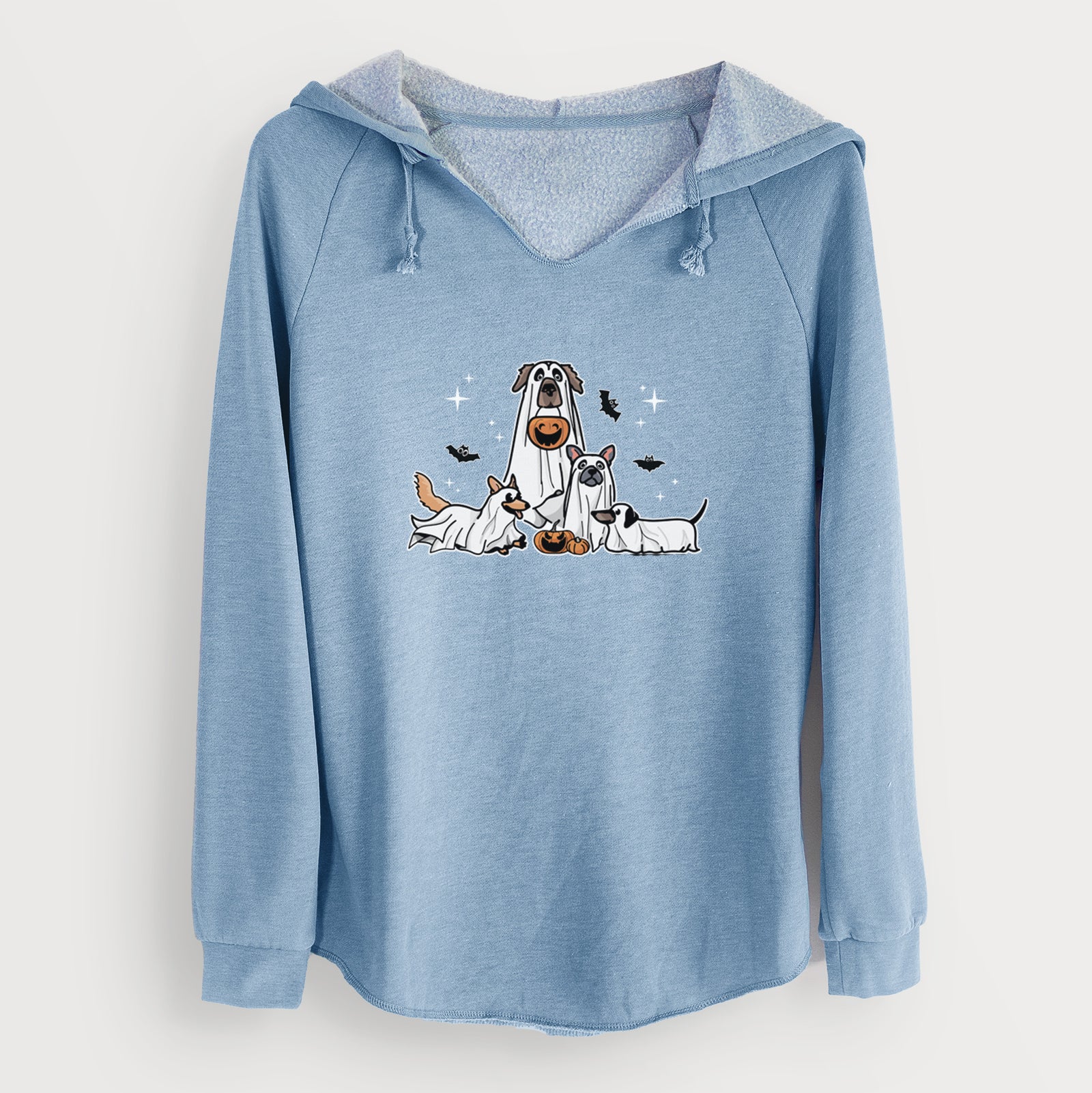 'Vibrant Ghost Pups' design on a Misty Blue Cali Wave Hooded Sweatshirt