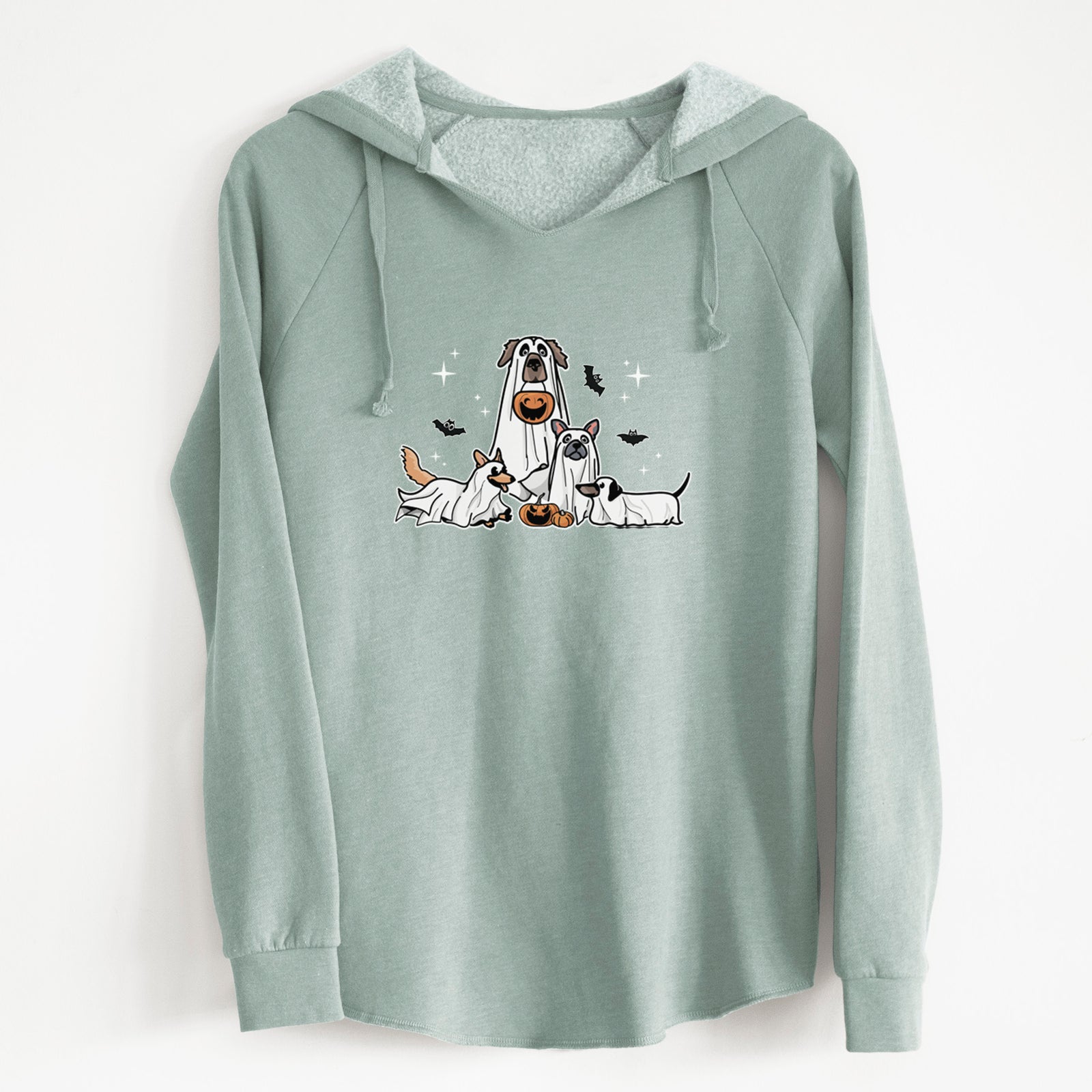 'Vibrant Ghost Pups' design on a Sage Cali Wave Hooded Sweatshirt