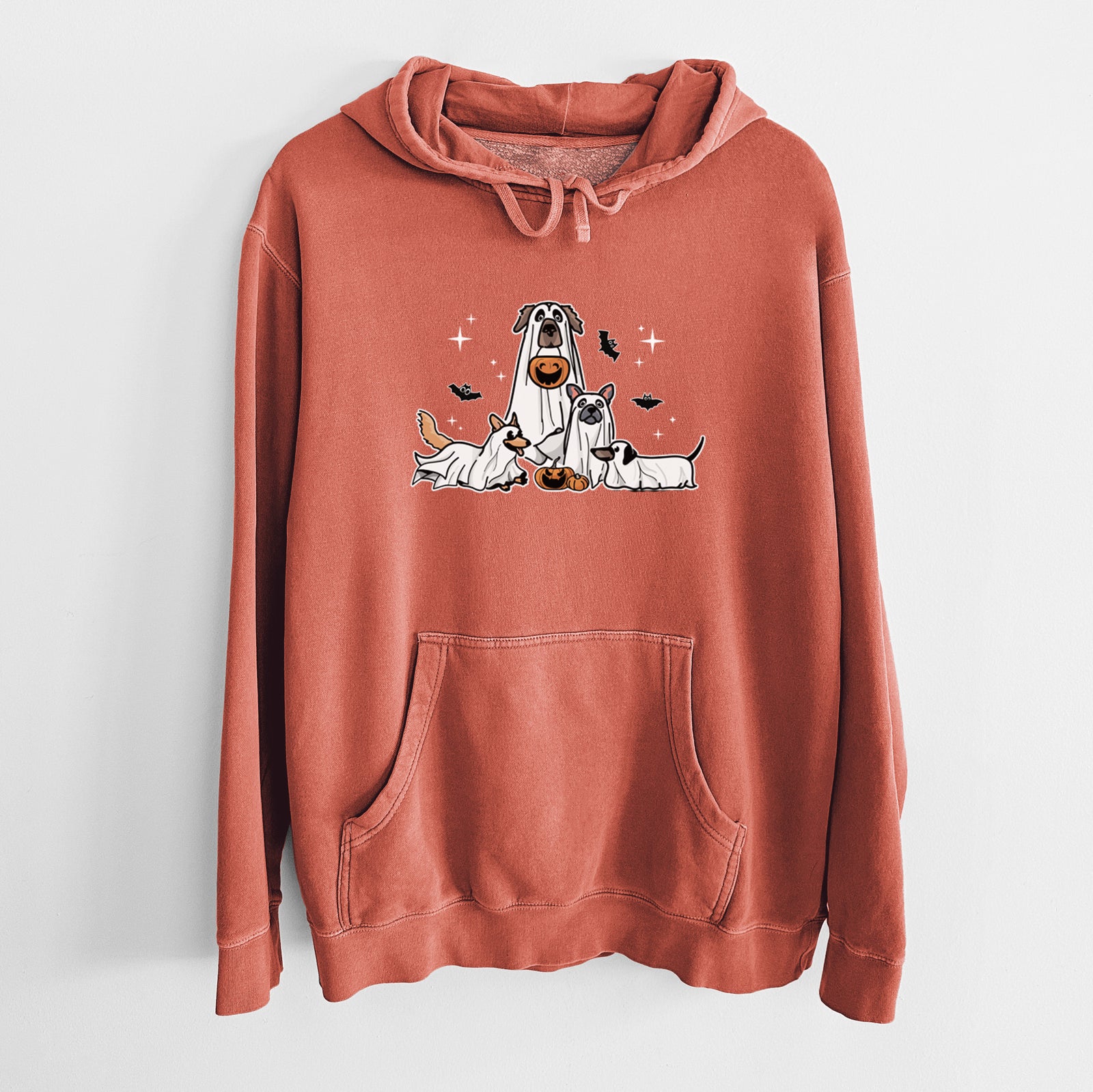 'Vibrant Ghost Pups' design on an Amber Unisex pigment dyed hoodie
