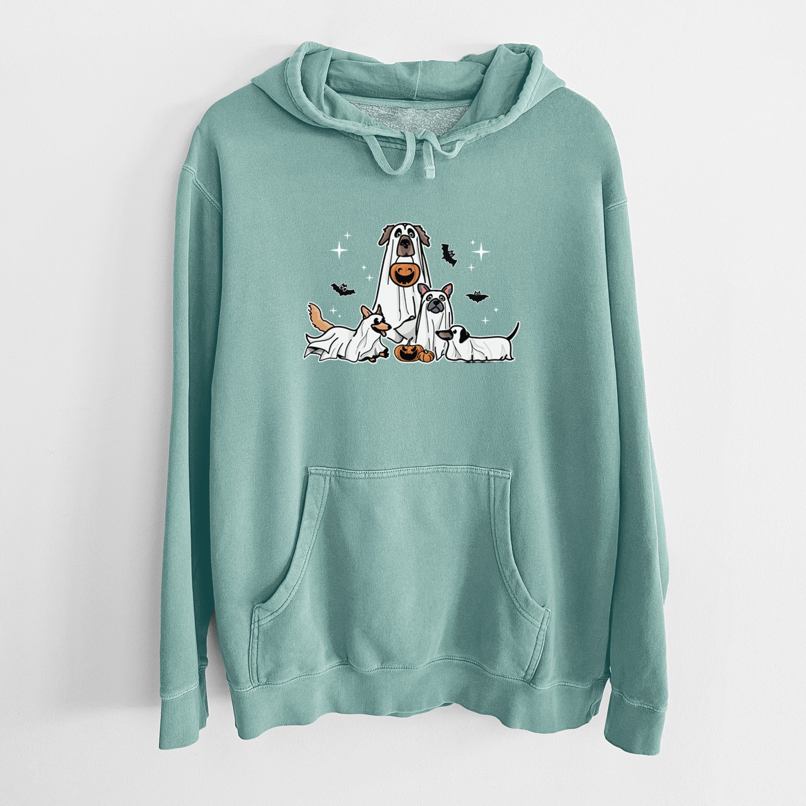 'Vibrant Ghost Pups' design on a Mint Unisex pigment dyed hoodie