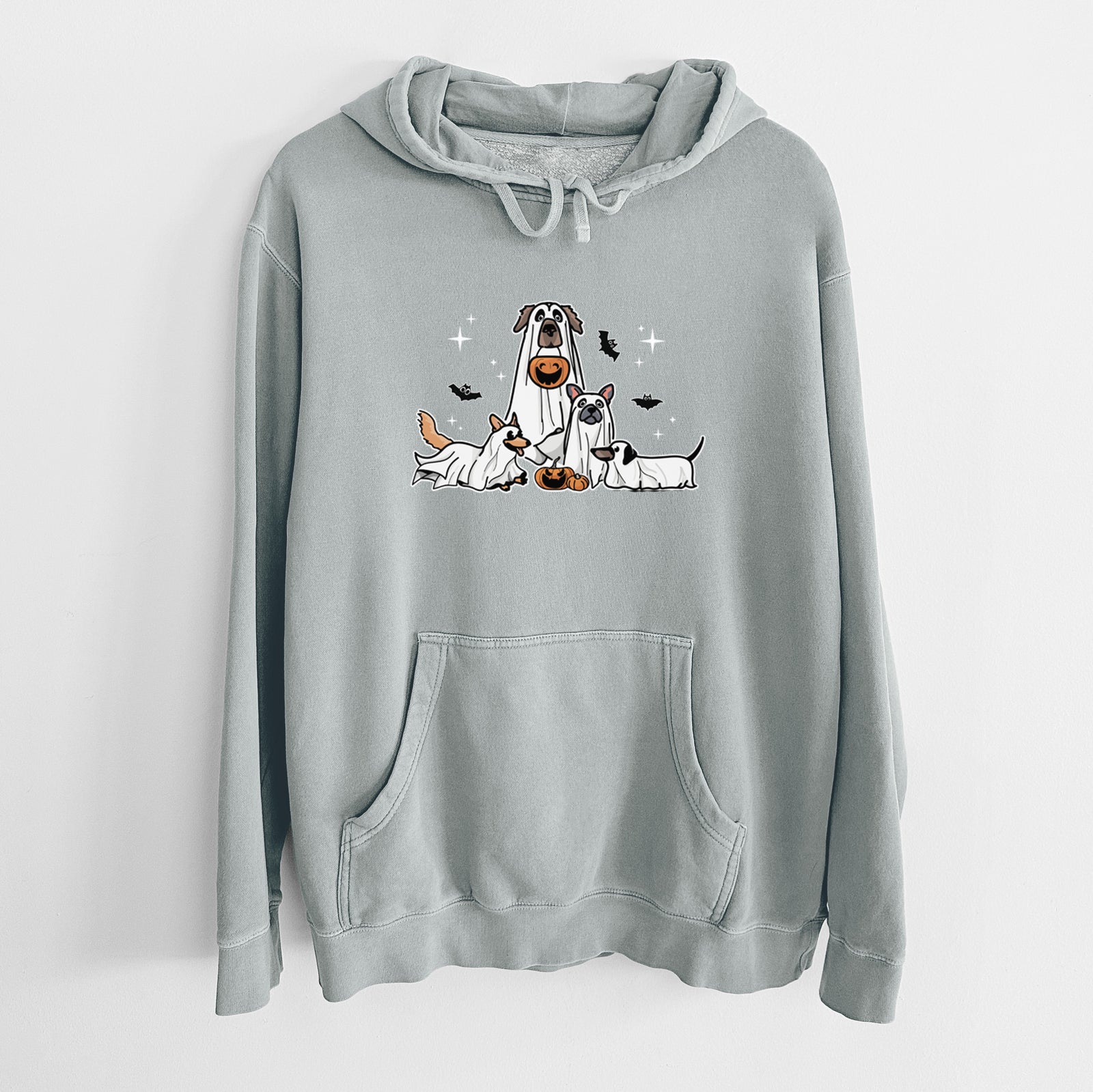 'Vibrant Ghost Pups' design on a Sage Unisex pigment dyed hoodie