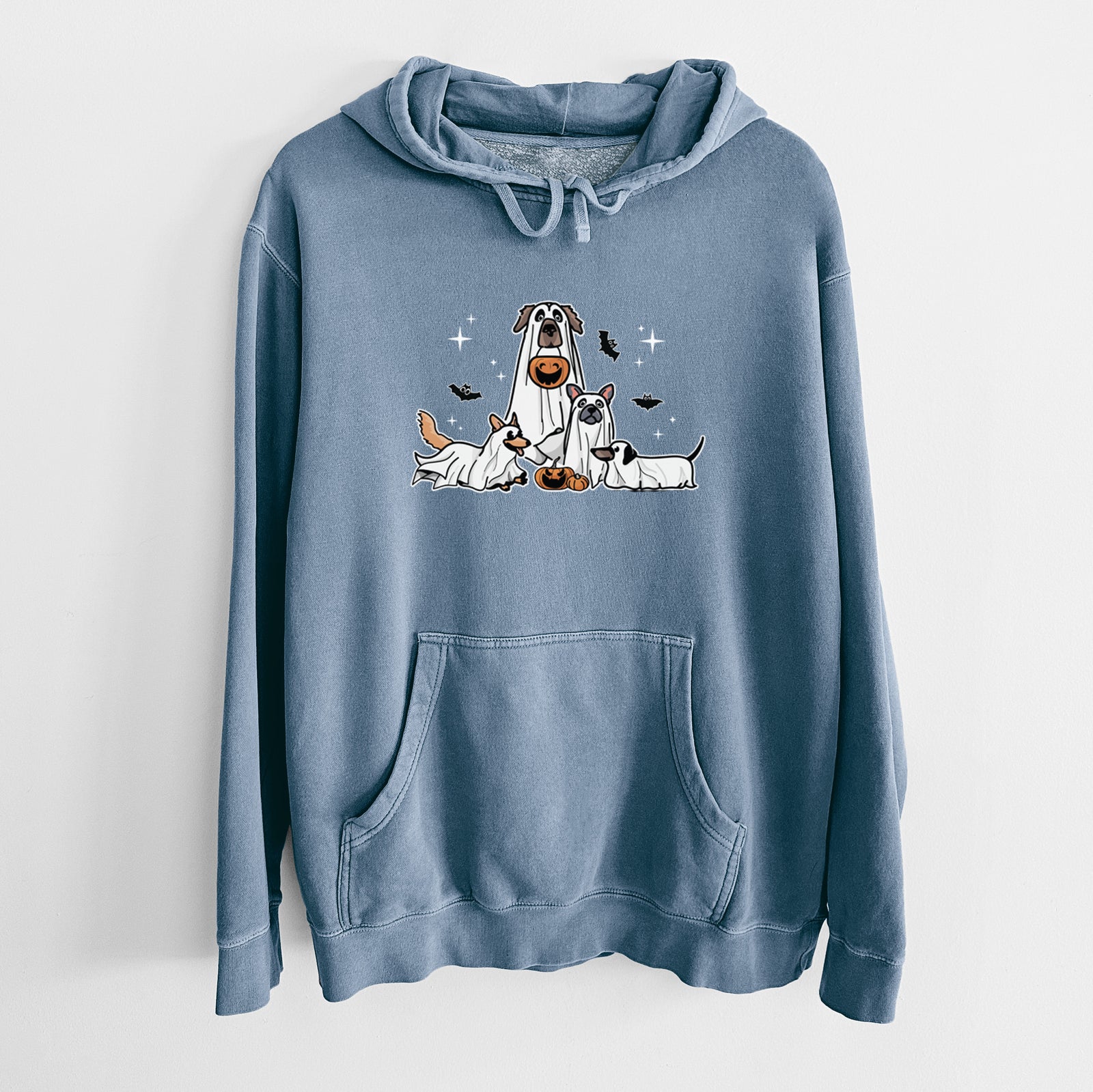 'Vibrant Ghost Pups' design on a Slate Blue Unisex pigment dyed hoodie