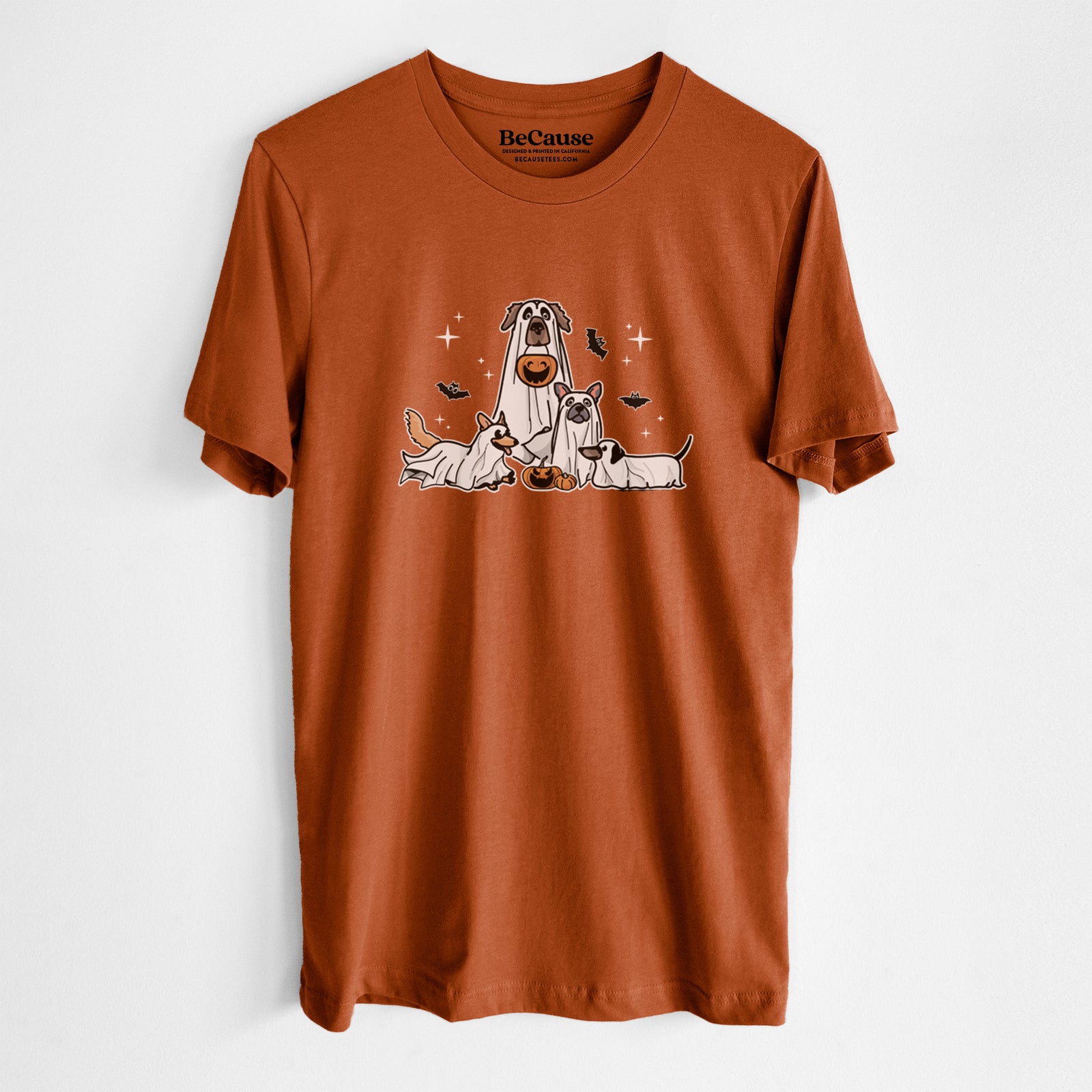 'Vibrant Ghost Pups' design on an Autumn Unisex crewneck, worn by a man