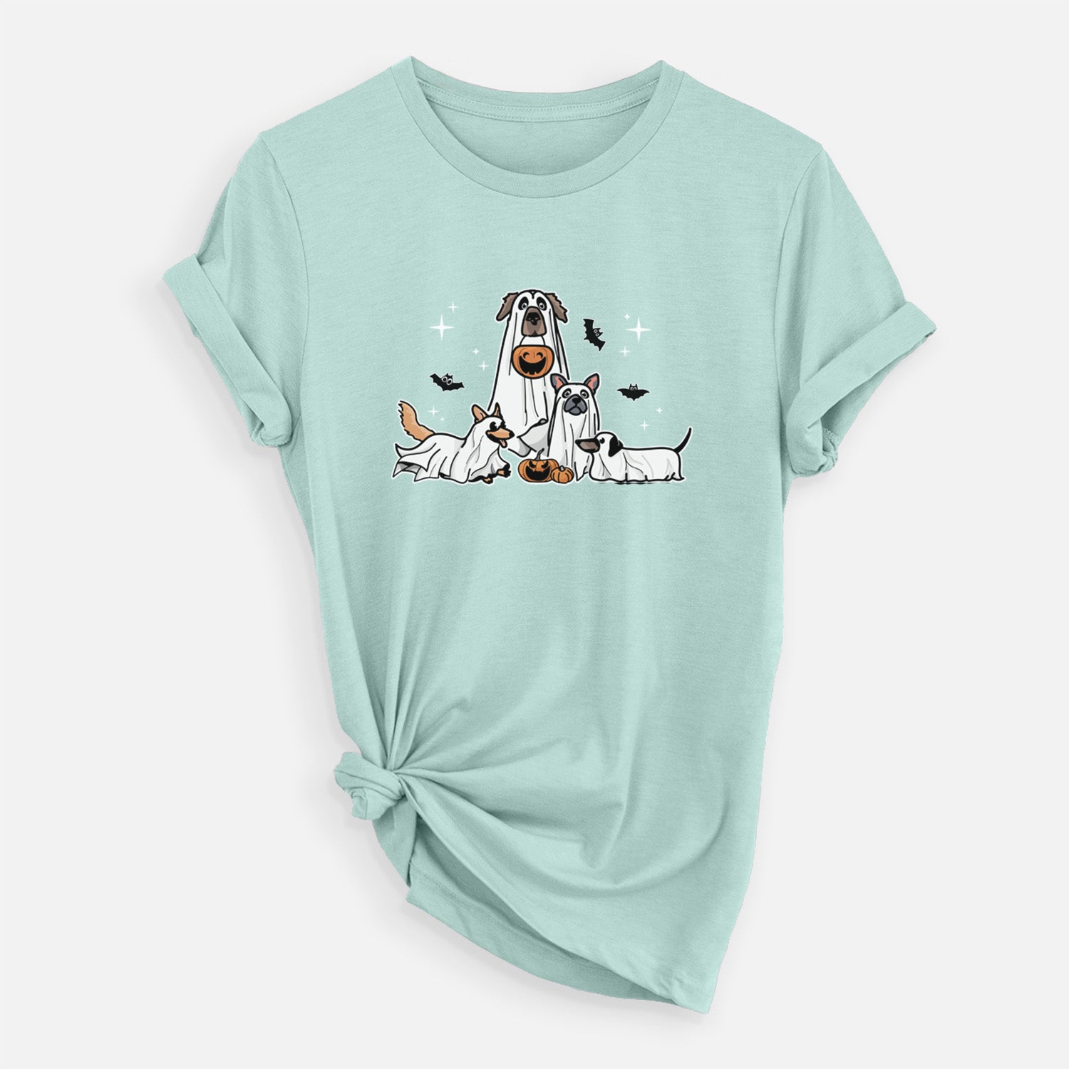'Vibrant Ghost Pups' design on a Heather Sage Unisex crewneck