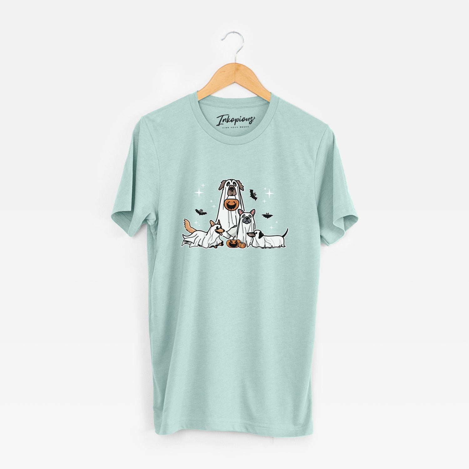 'Vibrant Ghost Pups' design on a Heather Sage Unisex crewneck