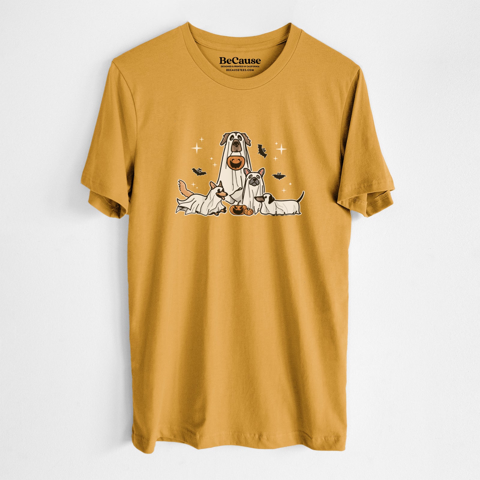 'Vibrant Ghost Pups' design on a Mustard Unisex crewneck, worn by a man