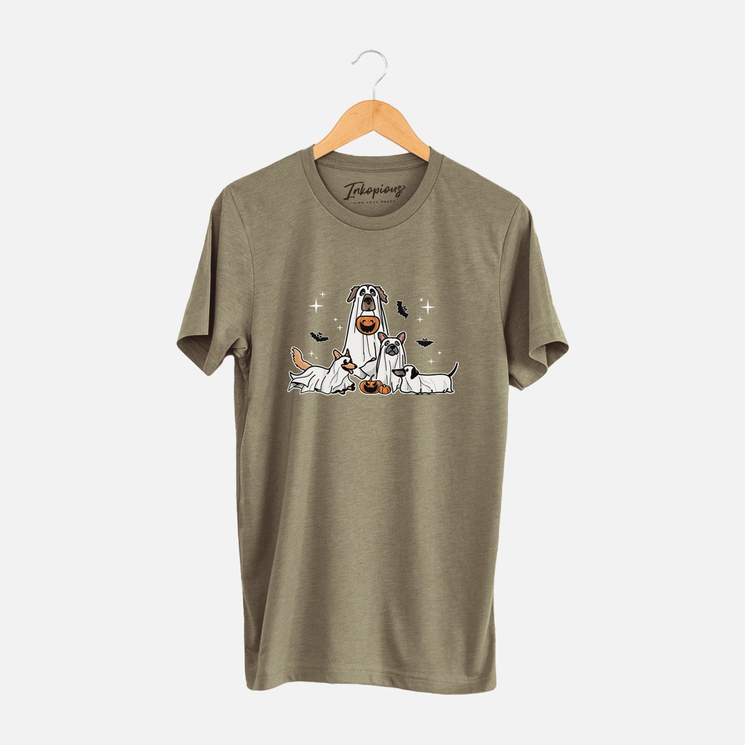 'Vibrant Ghost Pups' design on an Olive Unisex crewneck