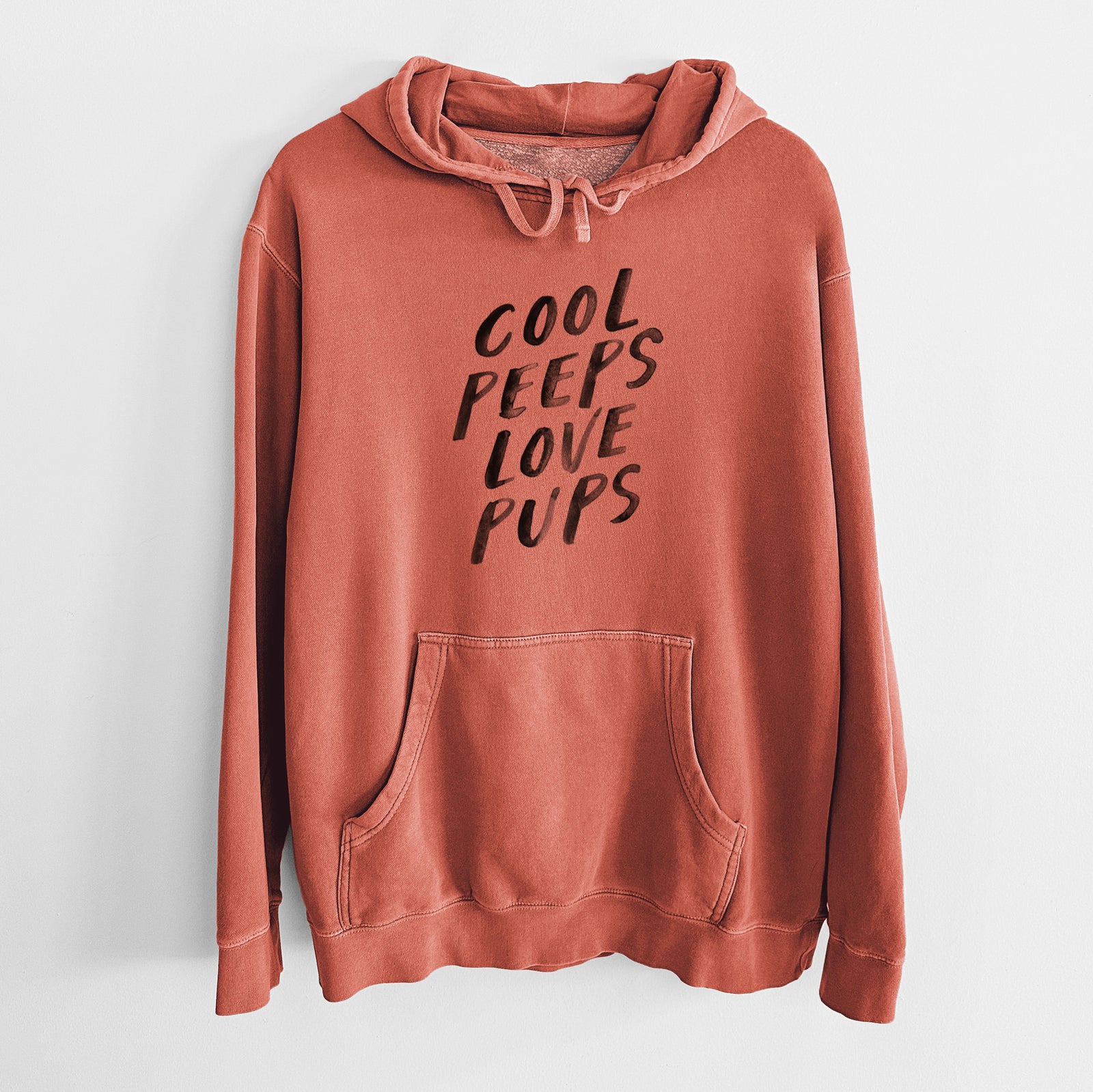 'Cool Peeps Love Pups' design on an Amber Unisex pigment dyed hoodie