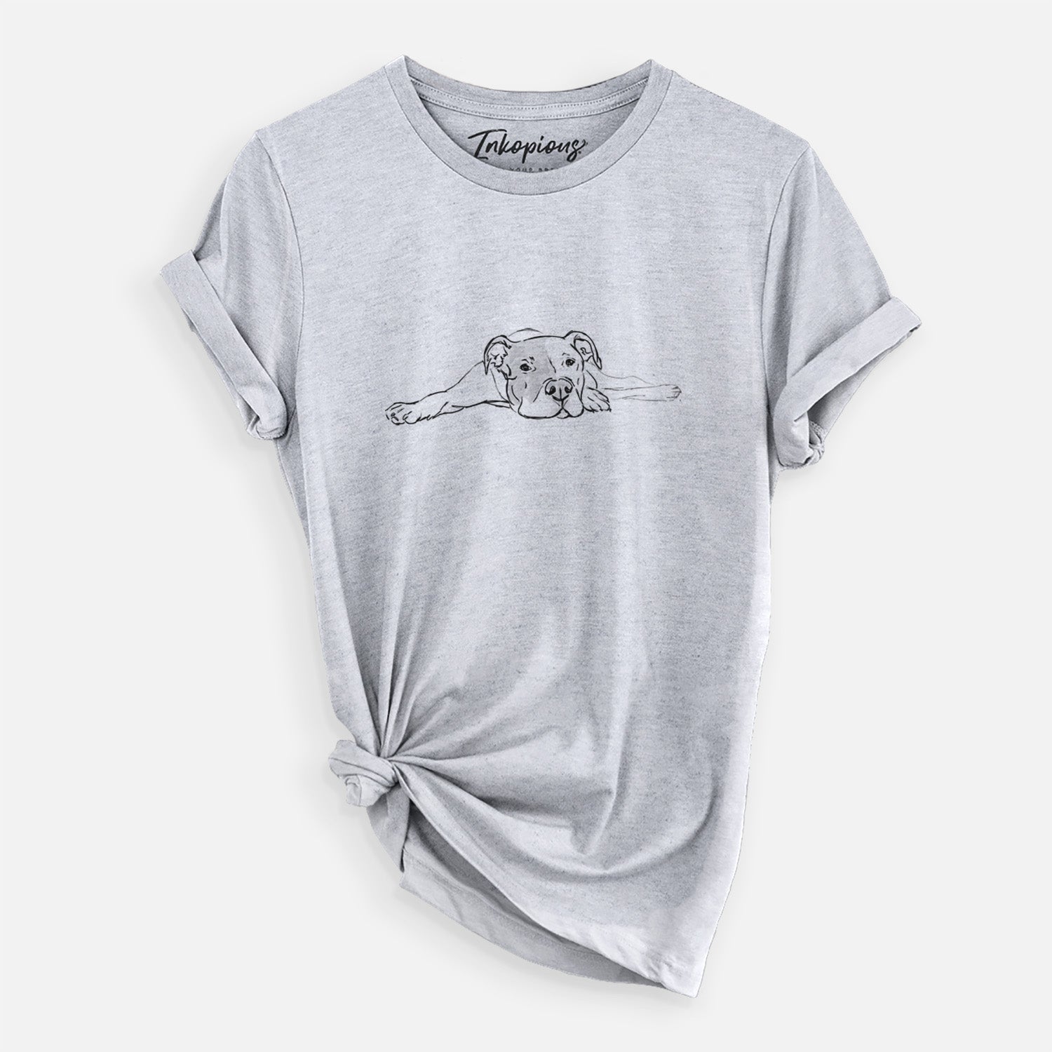 Full-body line drawing of Harvey the American Staffordshire Terrier on a Grey Unisex crewneck, worn by a woman
