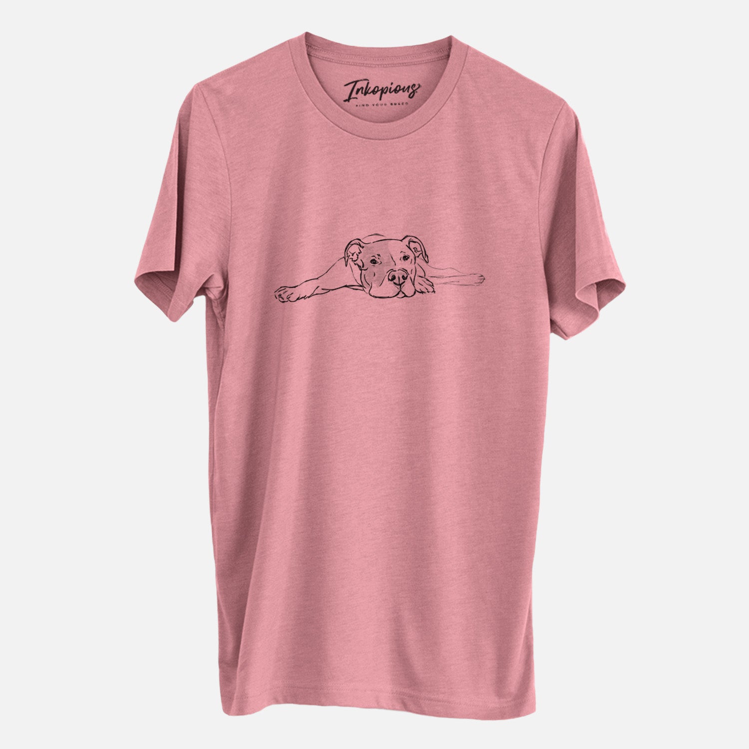 Full-body line drawing of Harvey the American Staffordshire Terrier on a Mauve Unisex crewneck, worn by a man
