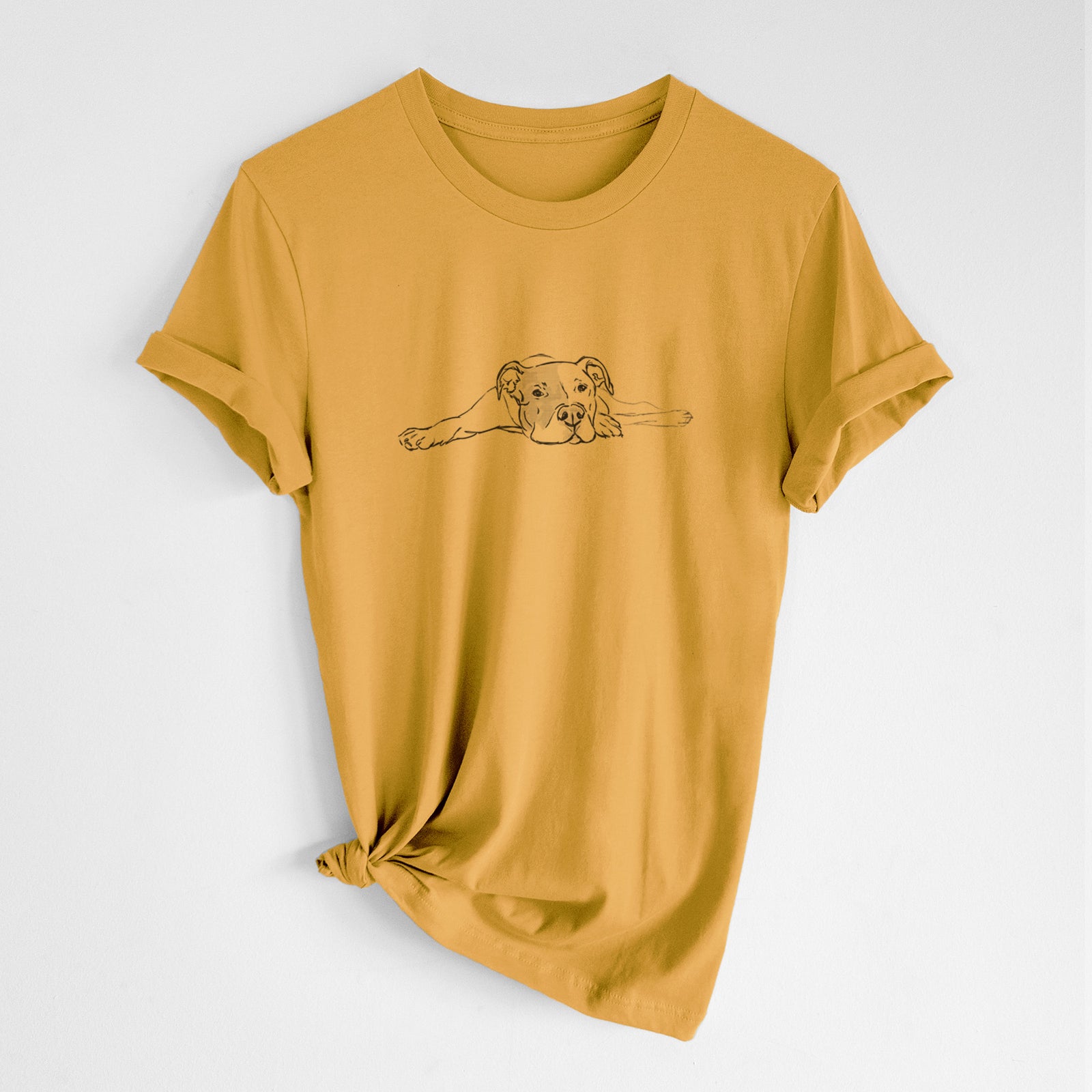 Full-body line drawing of Harvey the American Staffordshire Terrier on a Mustard Unisex crewneck, worn by a woman