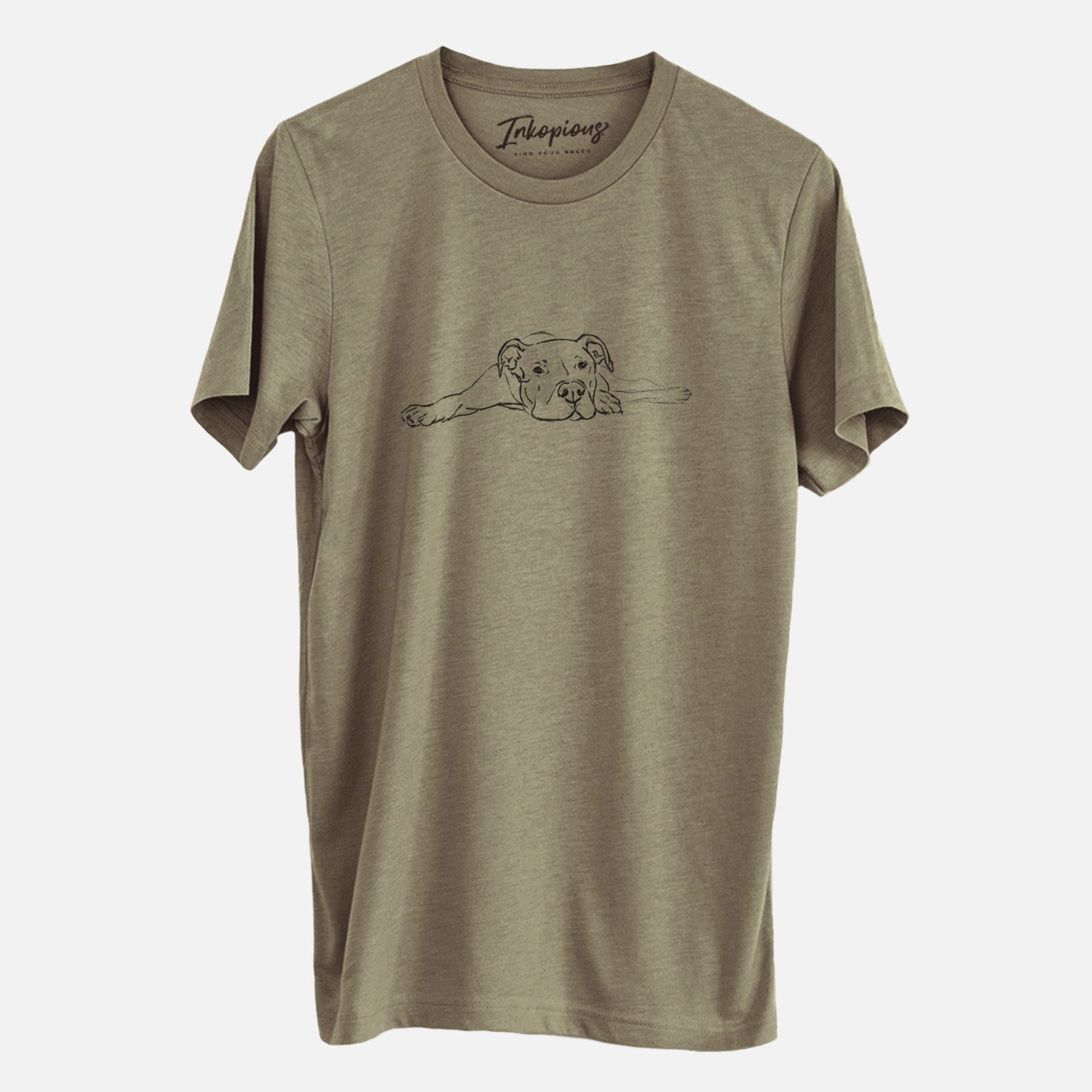 Full-body line drawing of Harvey the American Staffordshire Terrier on an Olive Unisex crewneck, worn by a man