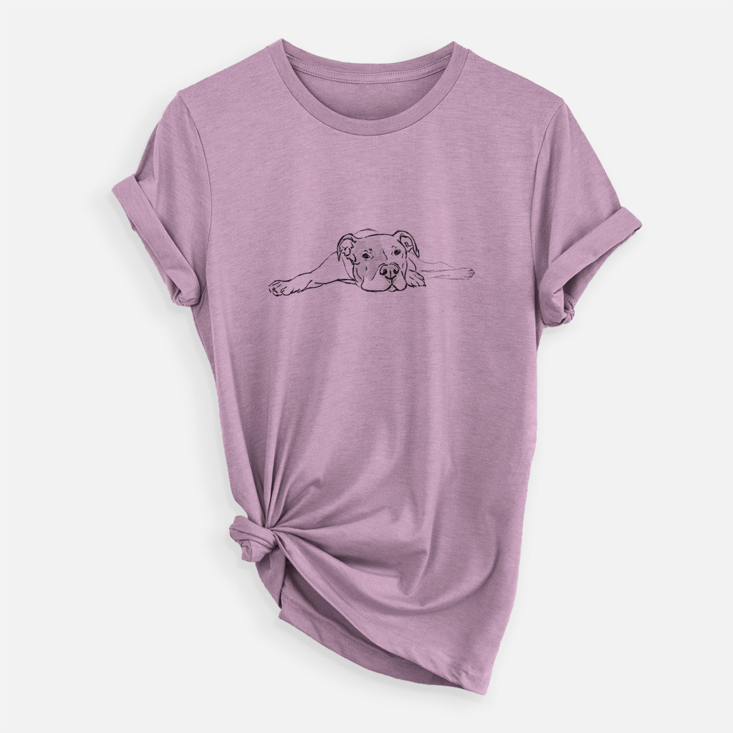Full-body line drawing of Harvey the American Staffordshire Terrier on an Orchid Unisex crewneck, worn by a woman