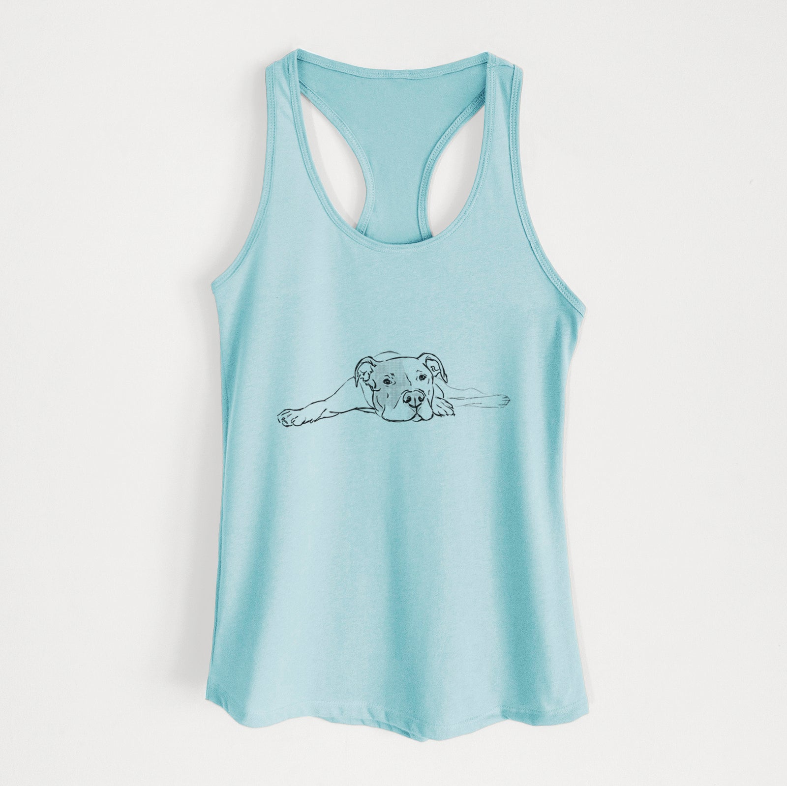 Full-body line drawing of Harvey the American Staffordshire Terrier on a Cancun Blue Women's racerback tanktop