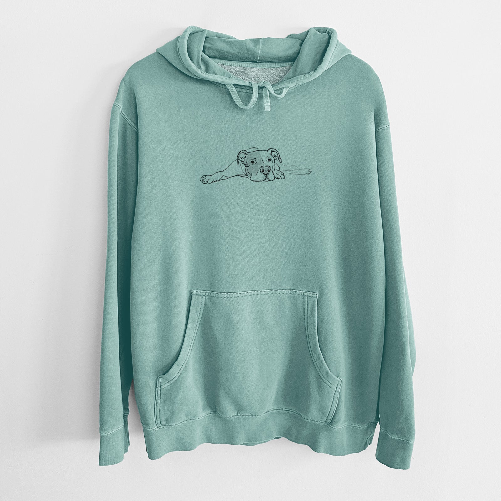 Full-body line drawing of Harvey the American Staffordshire Terrier on a Mint Unisex pigment dyed hoodie