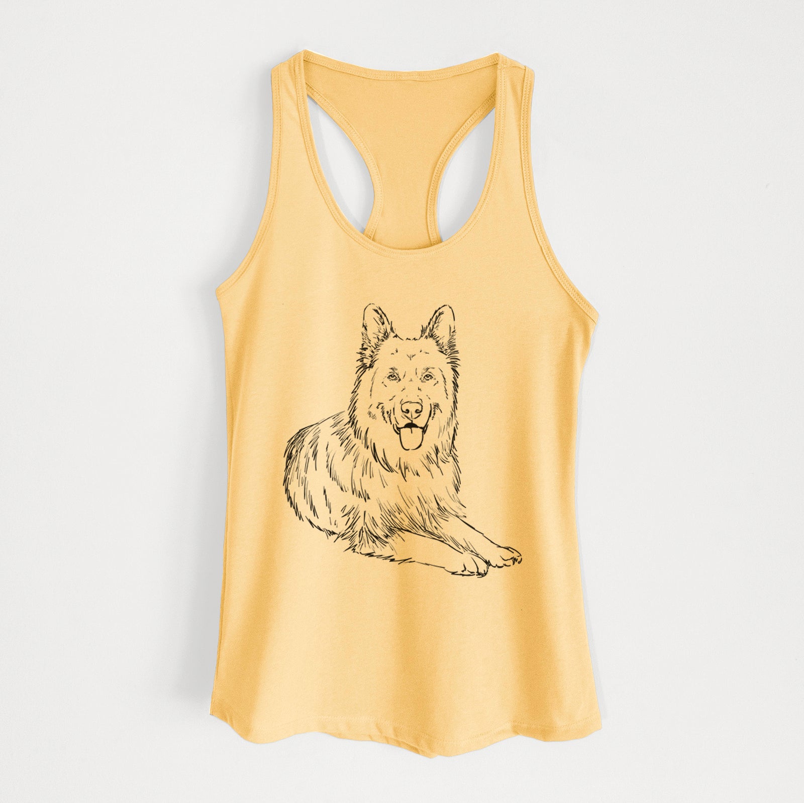 Full-body line drawing of Jaxs the German Shepherd on a Banana Cream Women's racerback tanktop