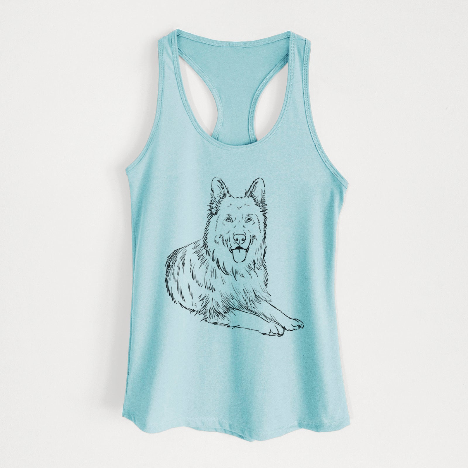 Full-body line drawing of Jaxs the German Shepherd on a Cancun Blue Women's racerback tanktop