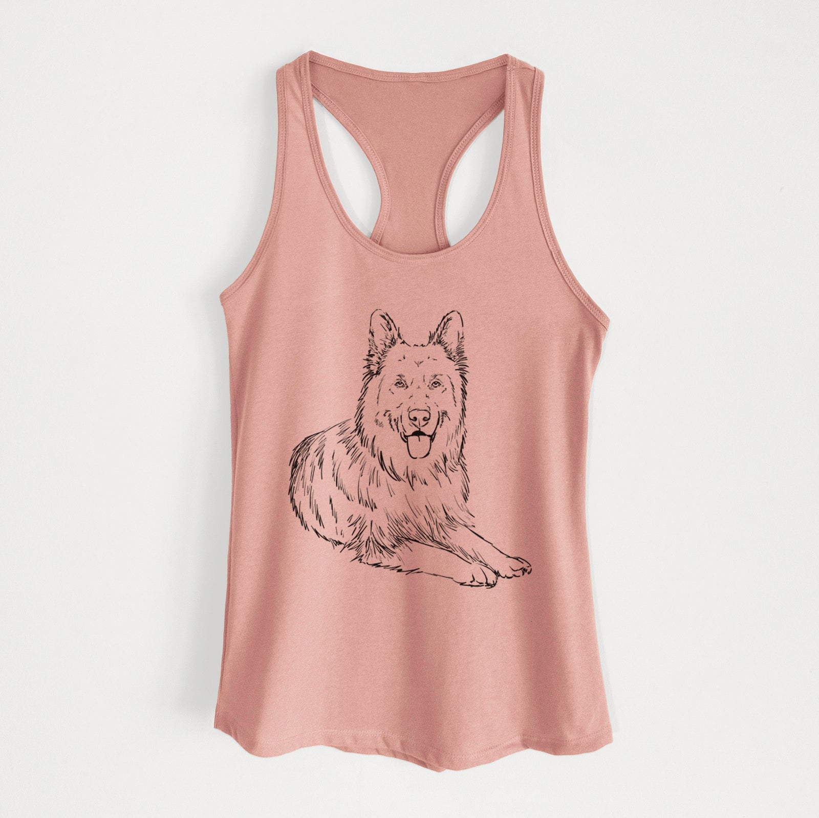 Full-body line drawing of Jaxs the German Shepherd on a Desert Pink Women's racerback tanktop