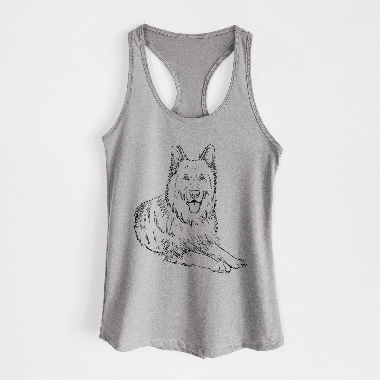Full-body line drawing of Jaxs the German Shepherd on a Heather Grey Women's racerback tanktop