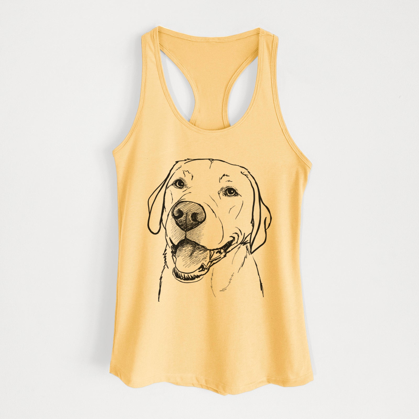 Full-body line drawing of Jimmy the Larbrador Retriever on a Banana Cream Women's racerback tanktop