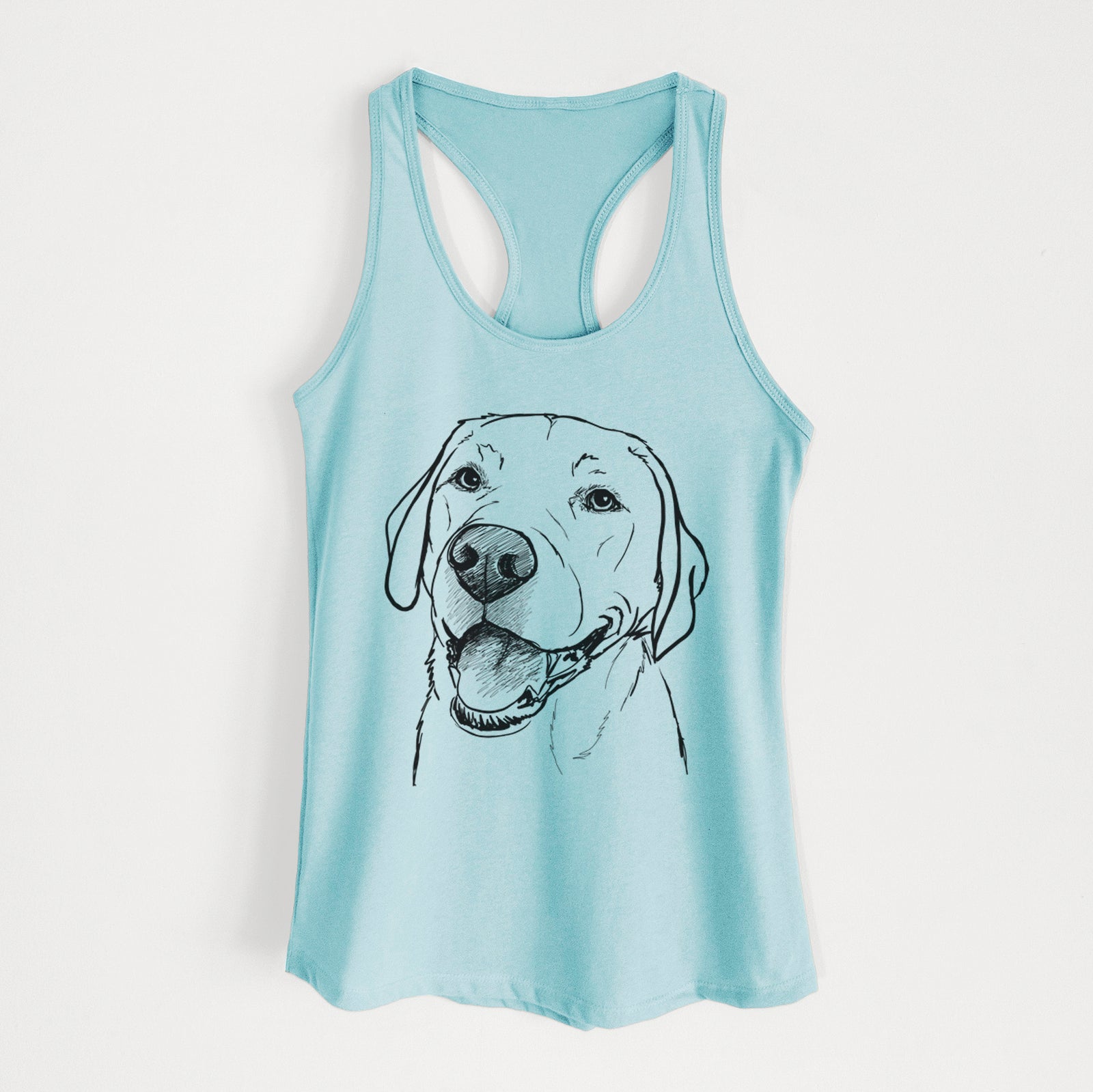 Full-body line drawing of Jimmy the Larbrador Retriever on a Cancun Blue Women's racerback tanktop
