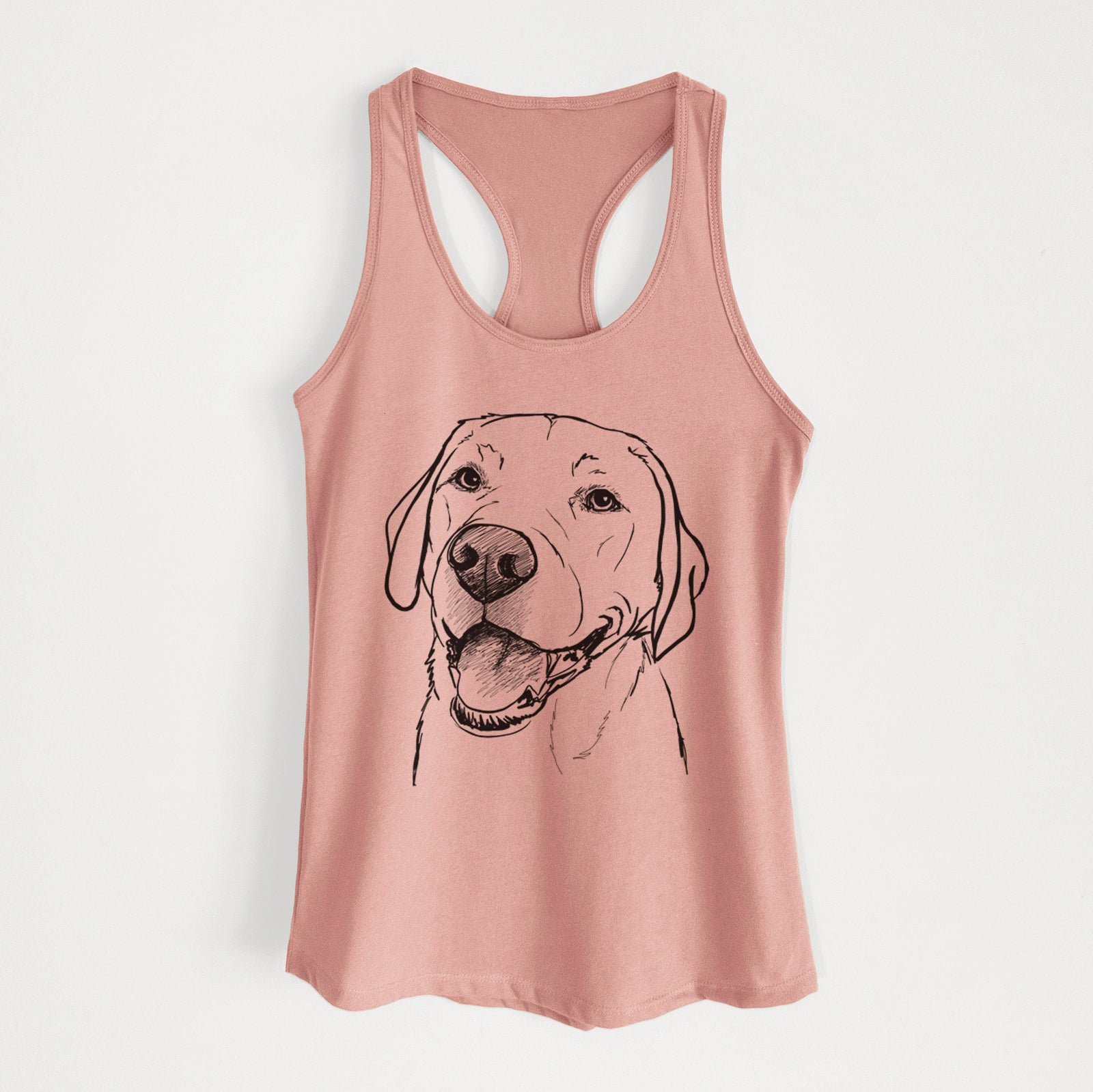 Full-body line drawing of Jimmy the Larbrador Retriever on a Desert Pink Women's racerback tanktop