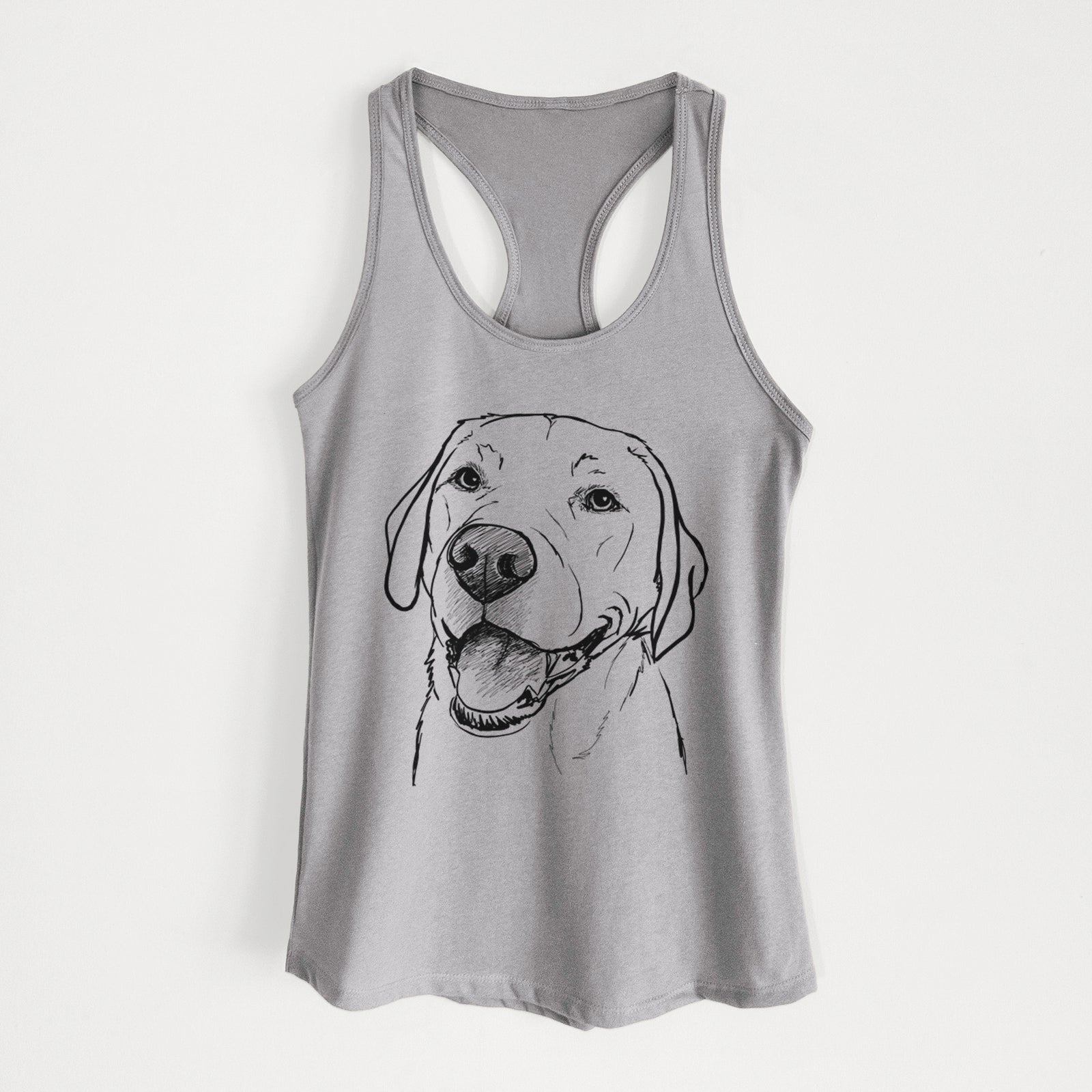 Full-body line drawing of Jimmy the Larbrador Retriever on a Heather Grey Women's racerback tanktop