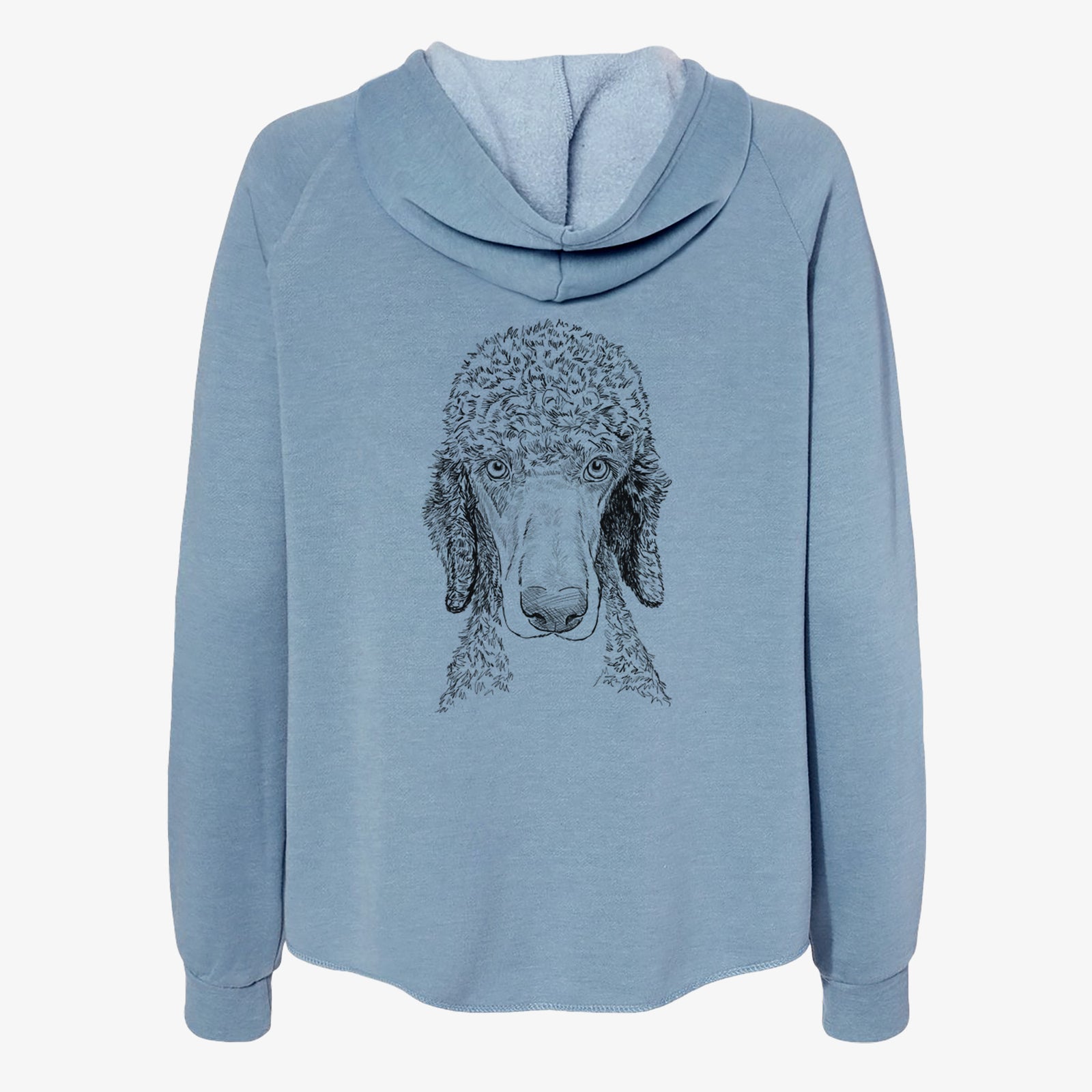 Full-body line drawing of Kona the Poodle on a Misty Blue Women's cali wave zip-up sweatshirt