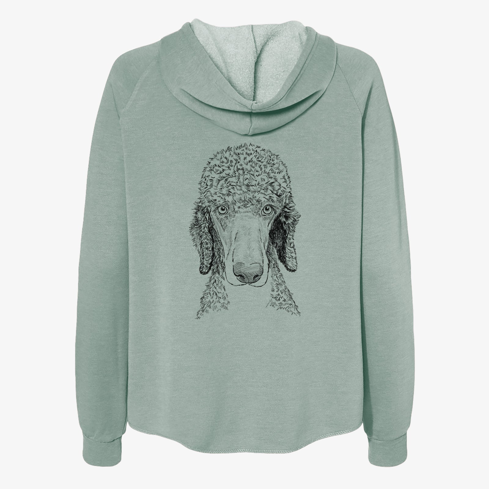 Full-body line drawing of Kona the Poodle on a Sage Women's cali wave zip-up sweatshirt