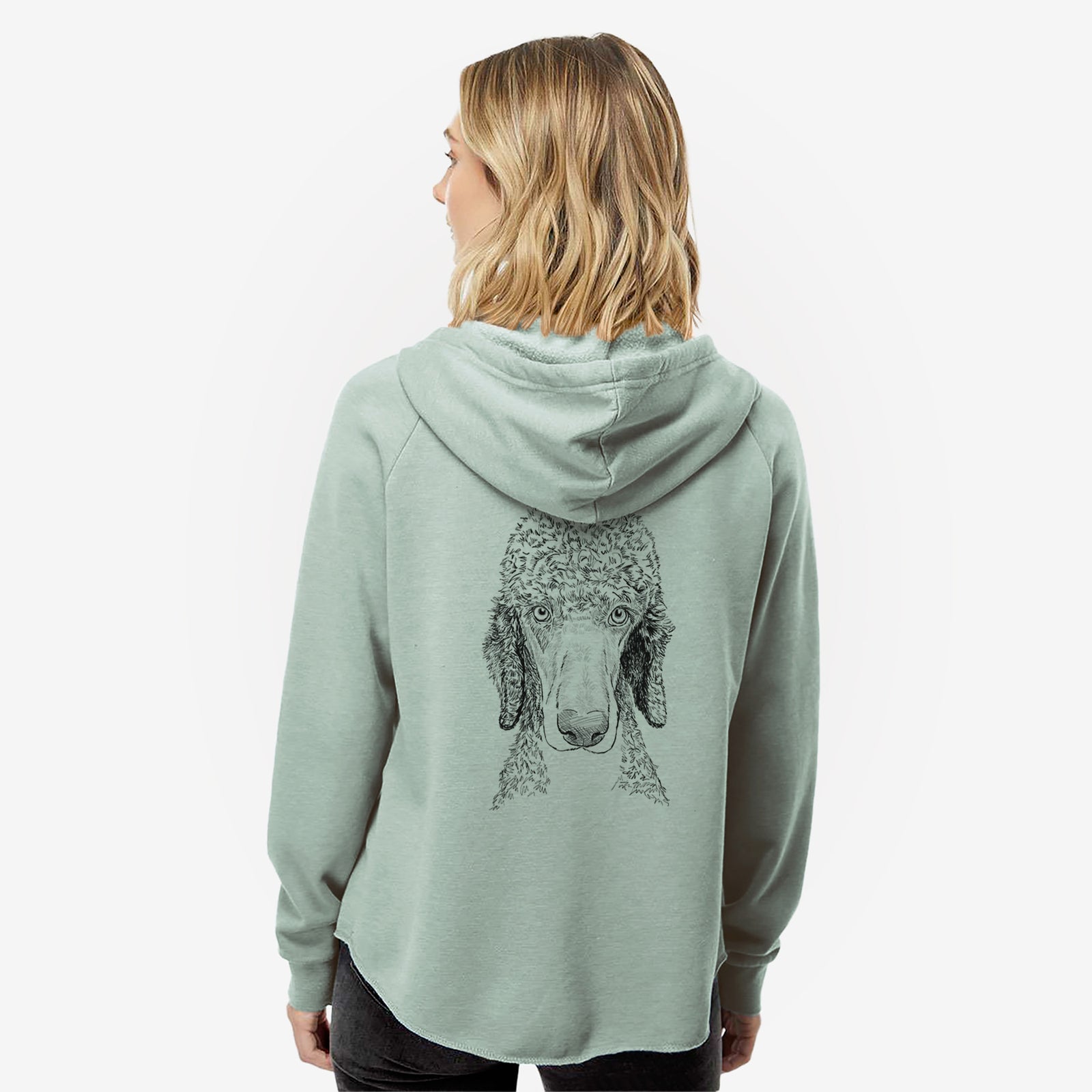 Full-body line drawing of Kona the Poodle on a Sage Women's cali wave zip-up sweatshirt