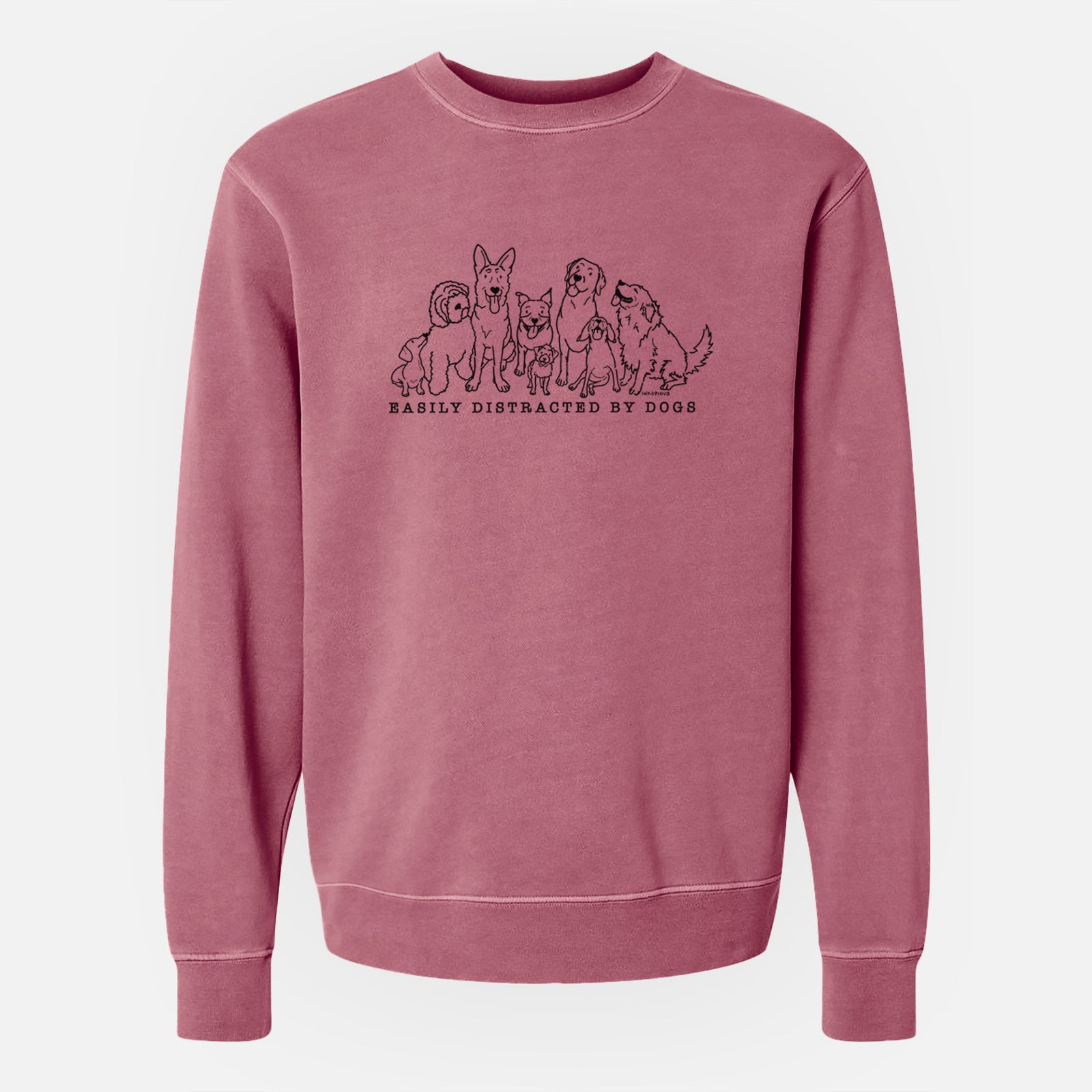 'Distracted by Dogs' design on a Maroon Unisex pigment dyed crew sweatshirt