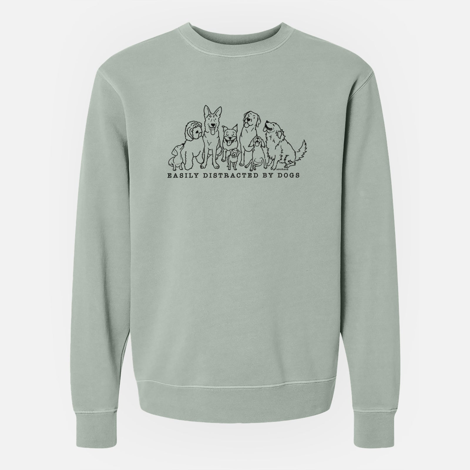'Distracted by Dogs' design on a Sage Unisex pigment dyed crew sweatshirt