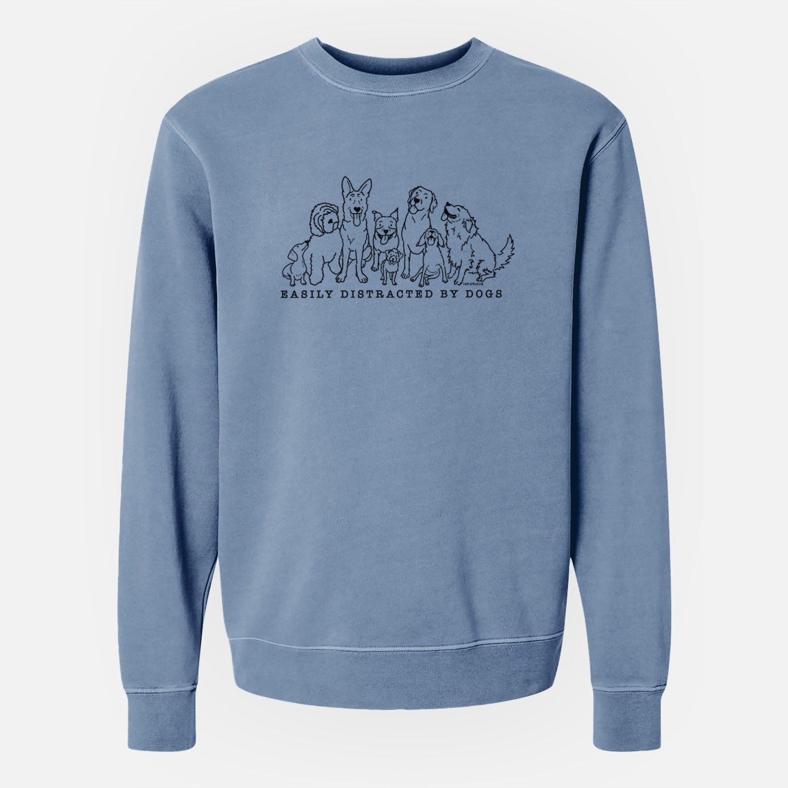 'Distracted by Dogs' design on a Slate Blue Unisex pigment dyed crew sweatshirt