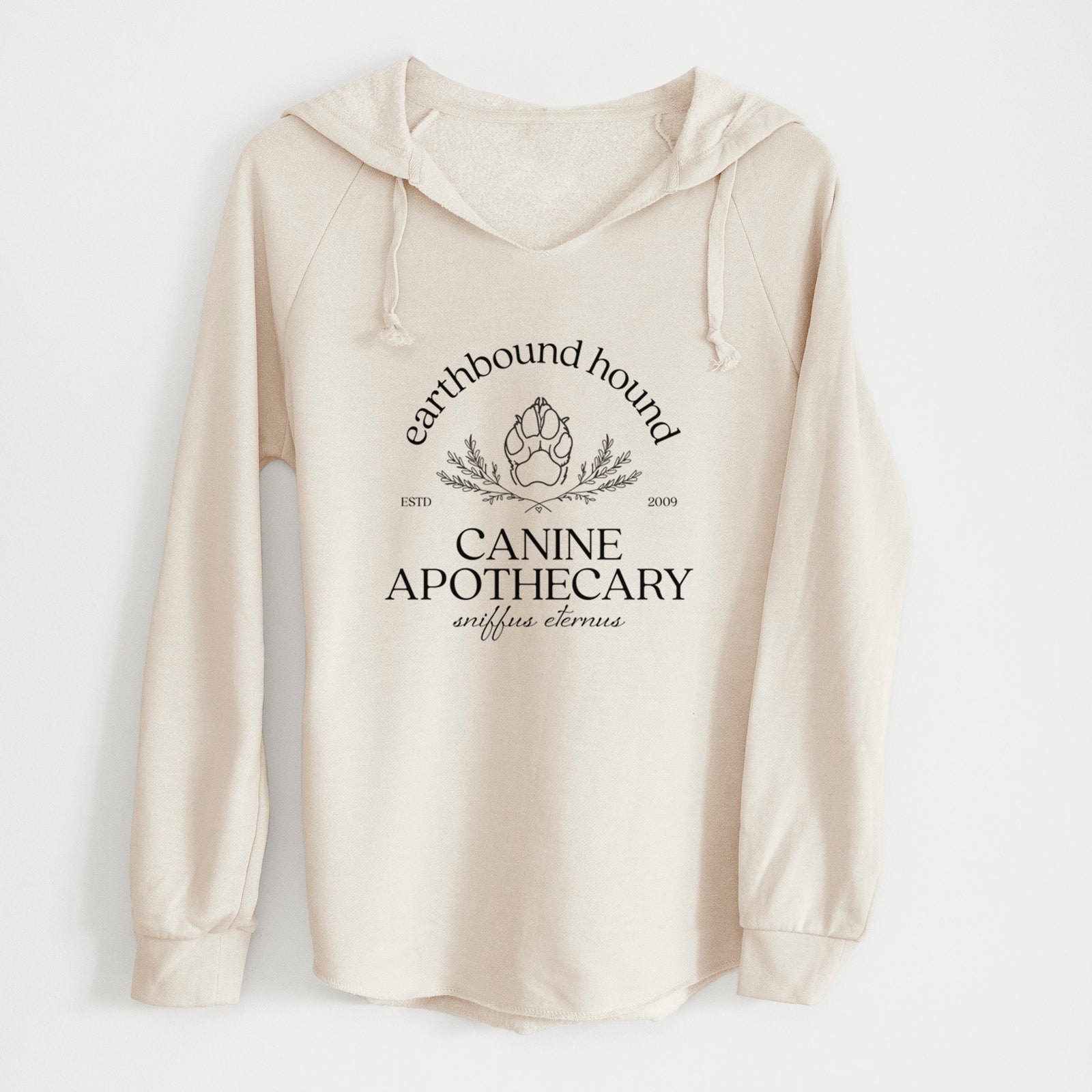 'Earthbound Hound – Canine Apothecary' design on a Bone Cali Wave Hooded Sweatshirt