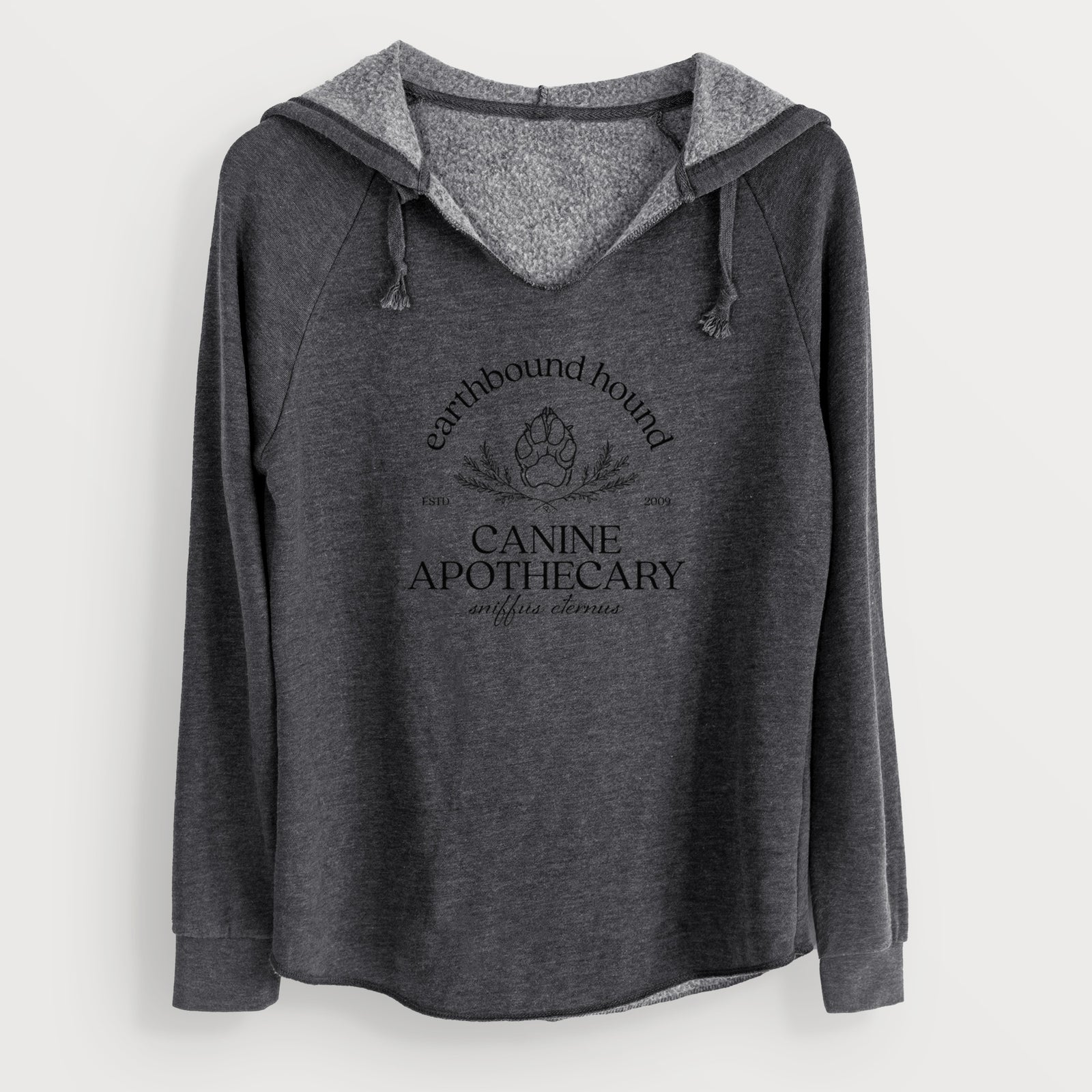 'Earthbound Hound – Canine Apothecary' design on a Charcoal Cali Wave Hooded Sweatshirt