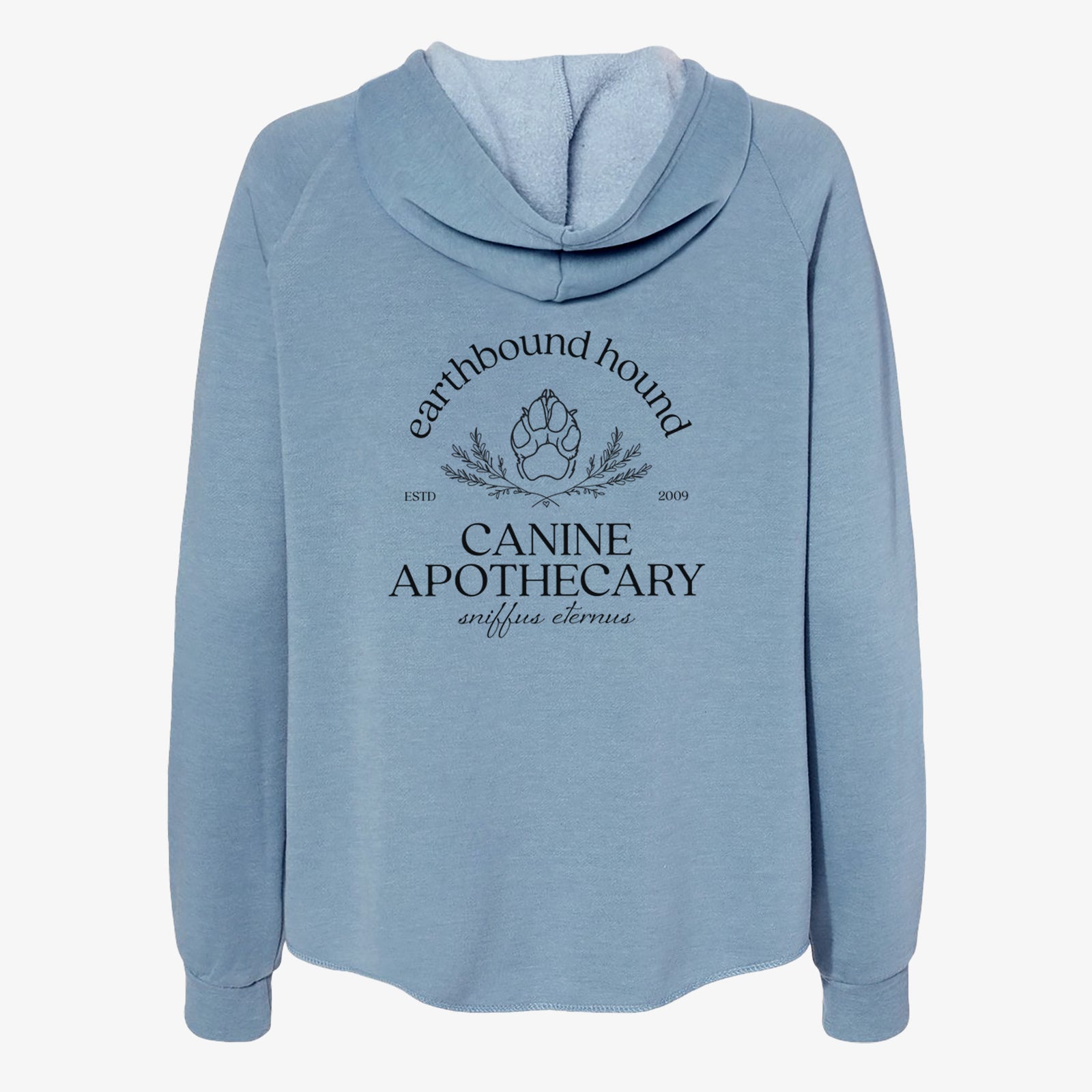 'Earthbound Hound – Canine Apothecary' design on a Misty Blue Women's cali wave zip-up sweatshirt