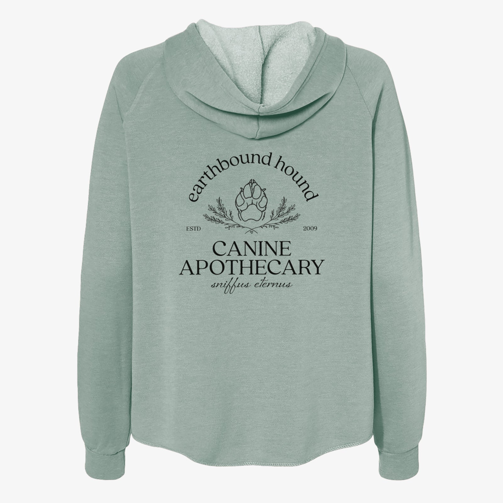 'Earthbound Hound – Canine Apothecary' design on a Sage Women's cali wave zip-up sweatshirt